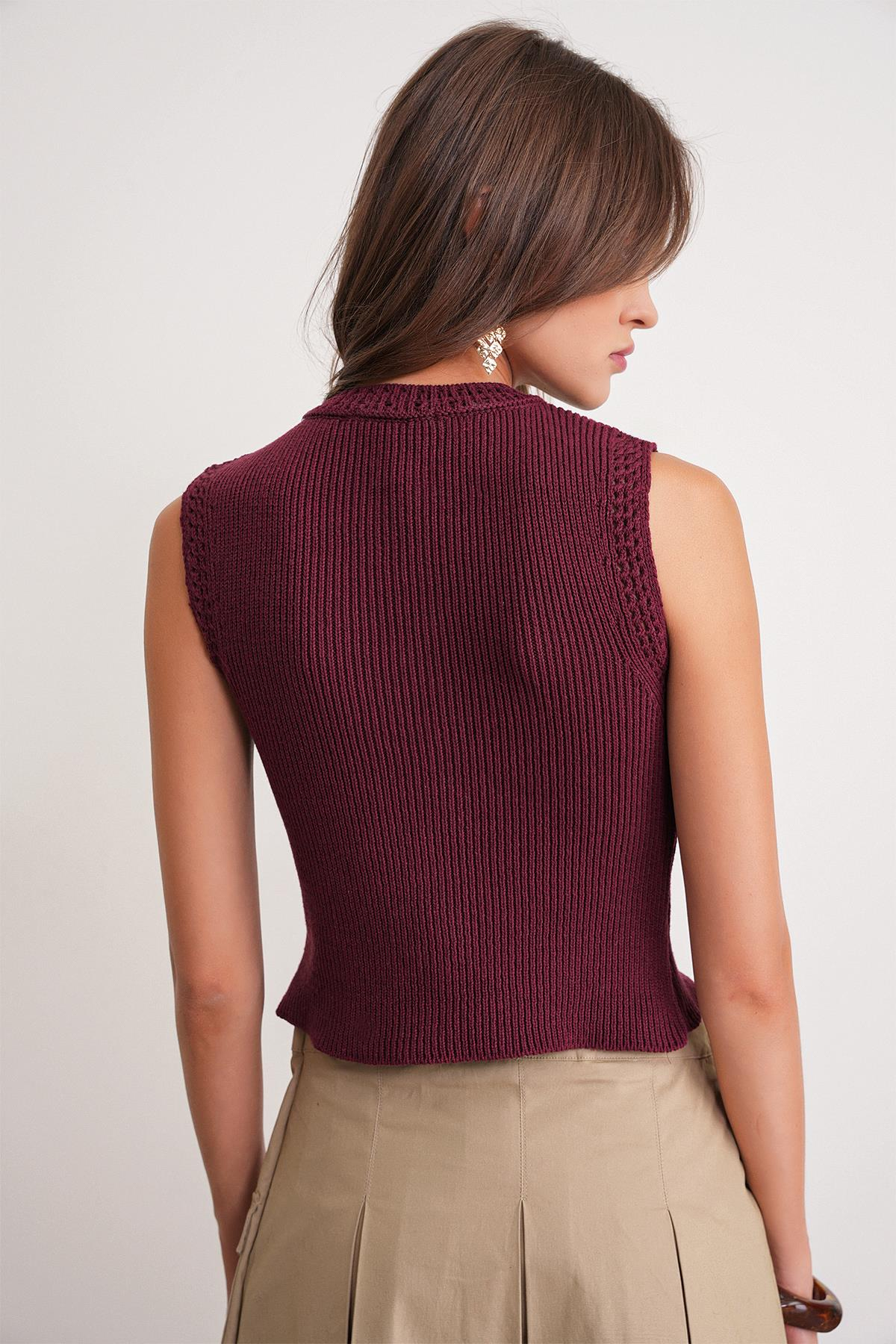 6962 Kadın Gold Düğmeli Triko Yelek Bordo