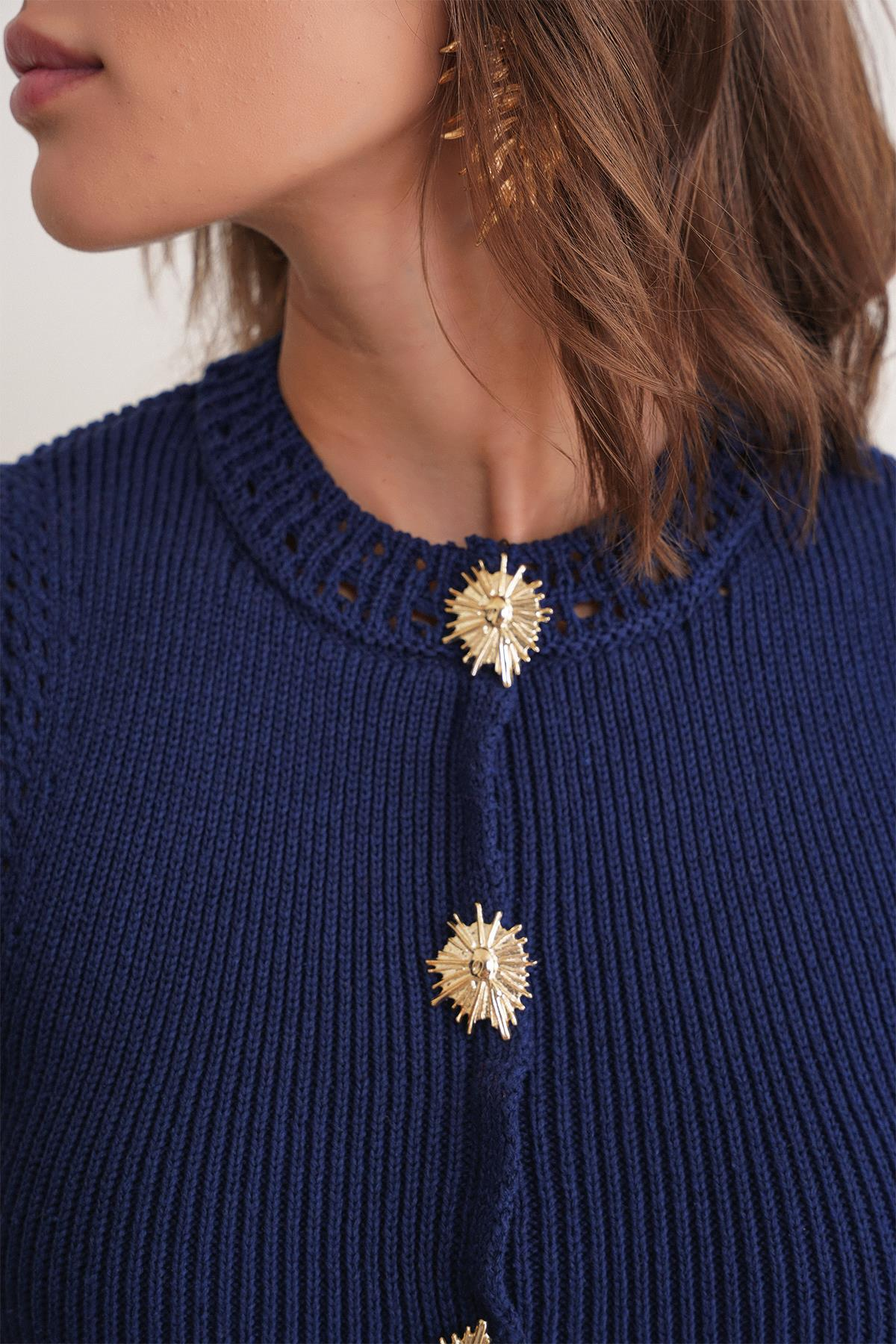 6962 Kadın Gold Düğmeli Triko Yelek Lacivert