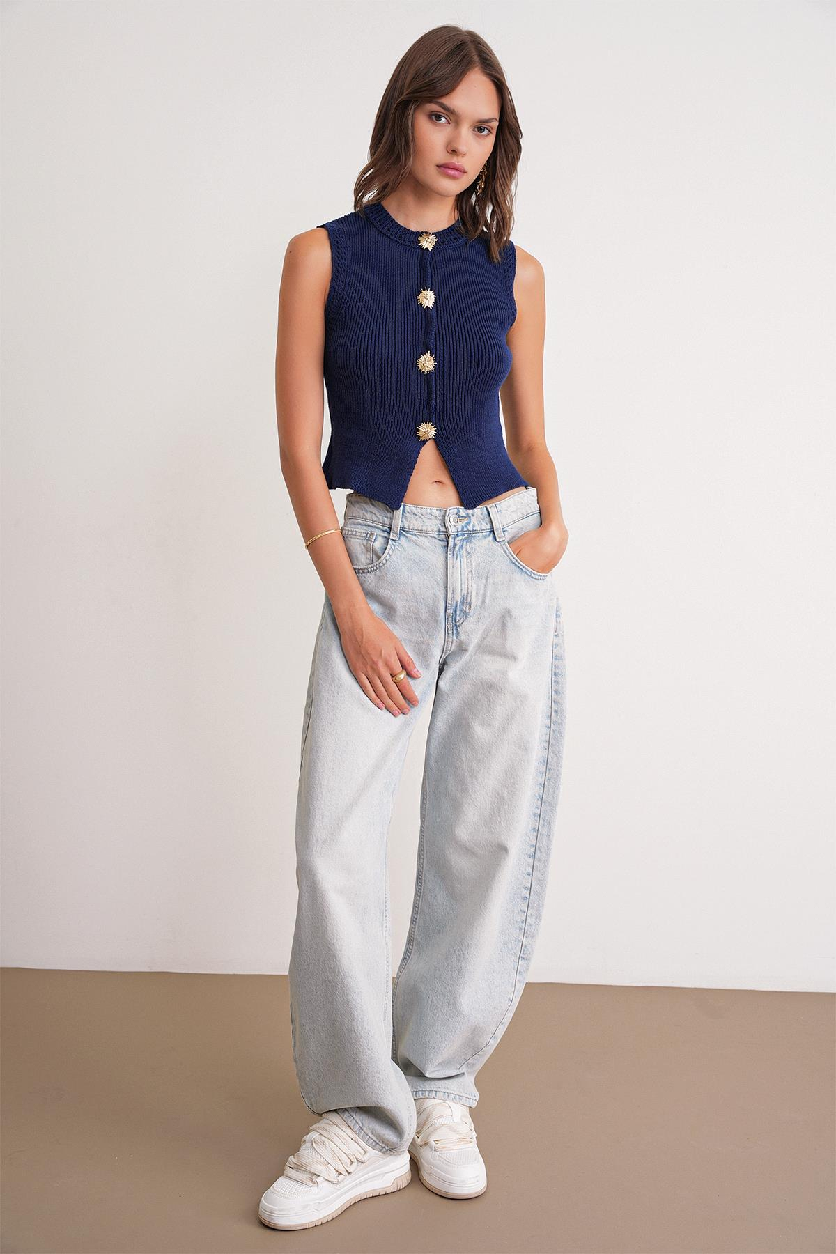 6962 Kadın Gold Düğmeli Triko Yelek Lacivert