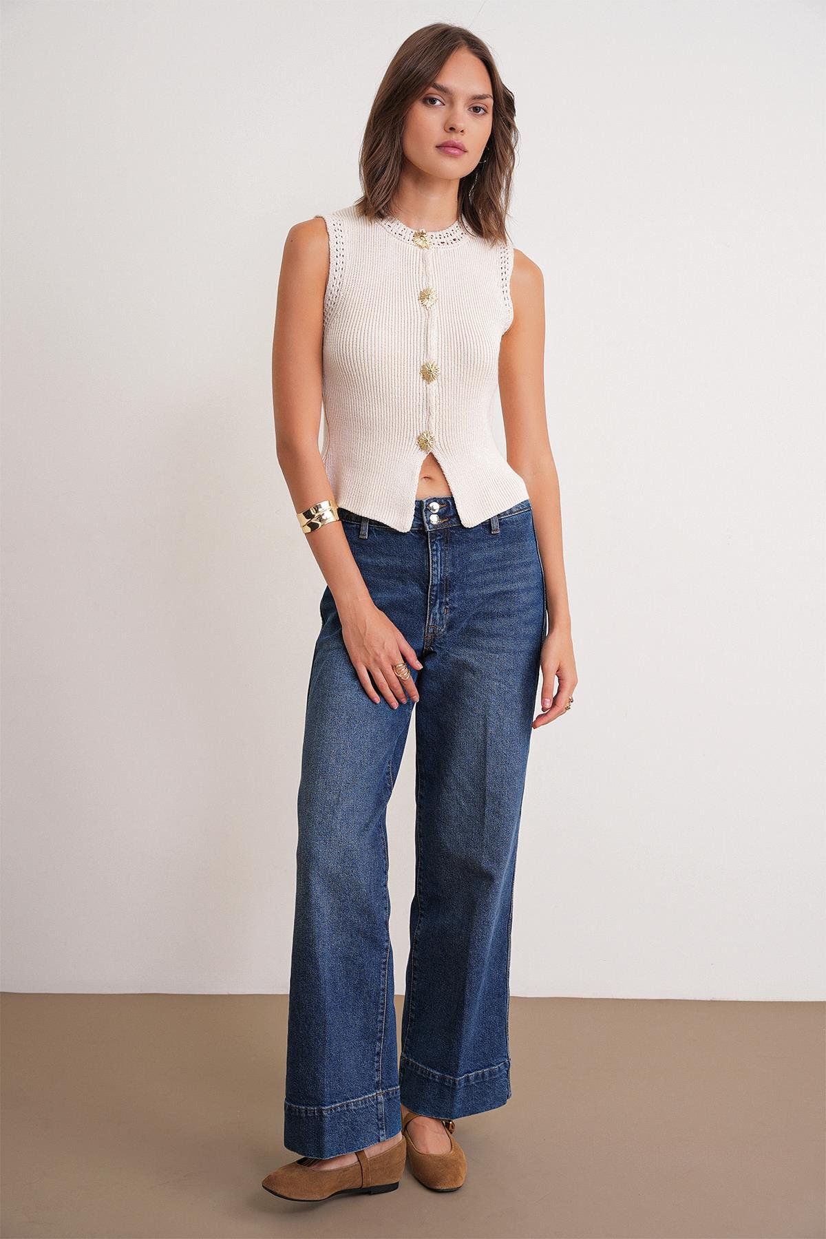 6962 Kadın Gold Düğmeli Triko Yelek Naturel