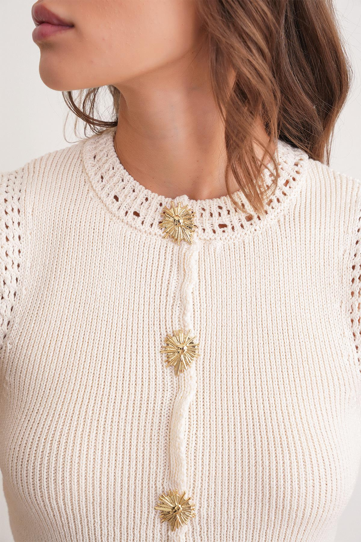 6962 Kadın Gold Düğmeli Triko Yelek Naturel