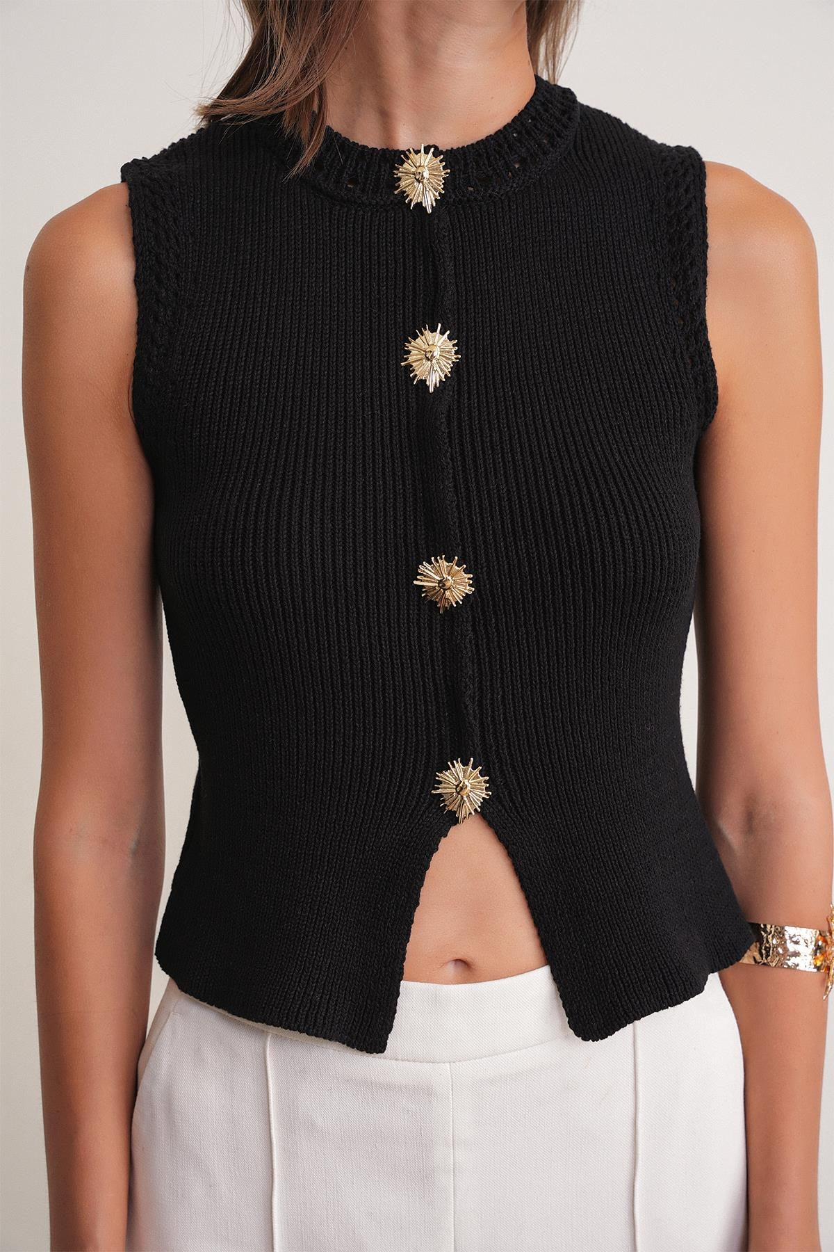 6962 Kadın Gold Düğmeli Triko Yelek Siyah