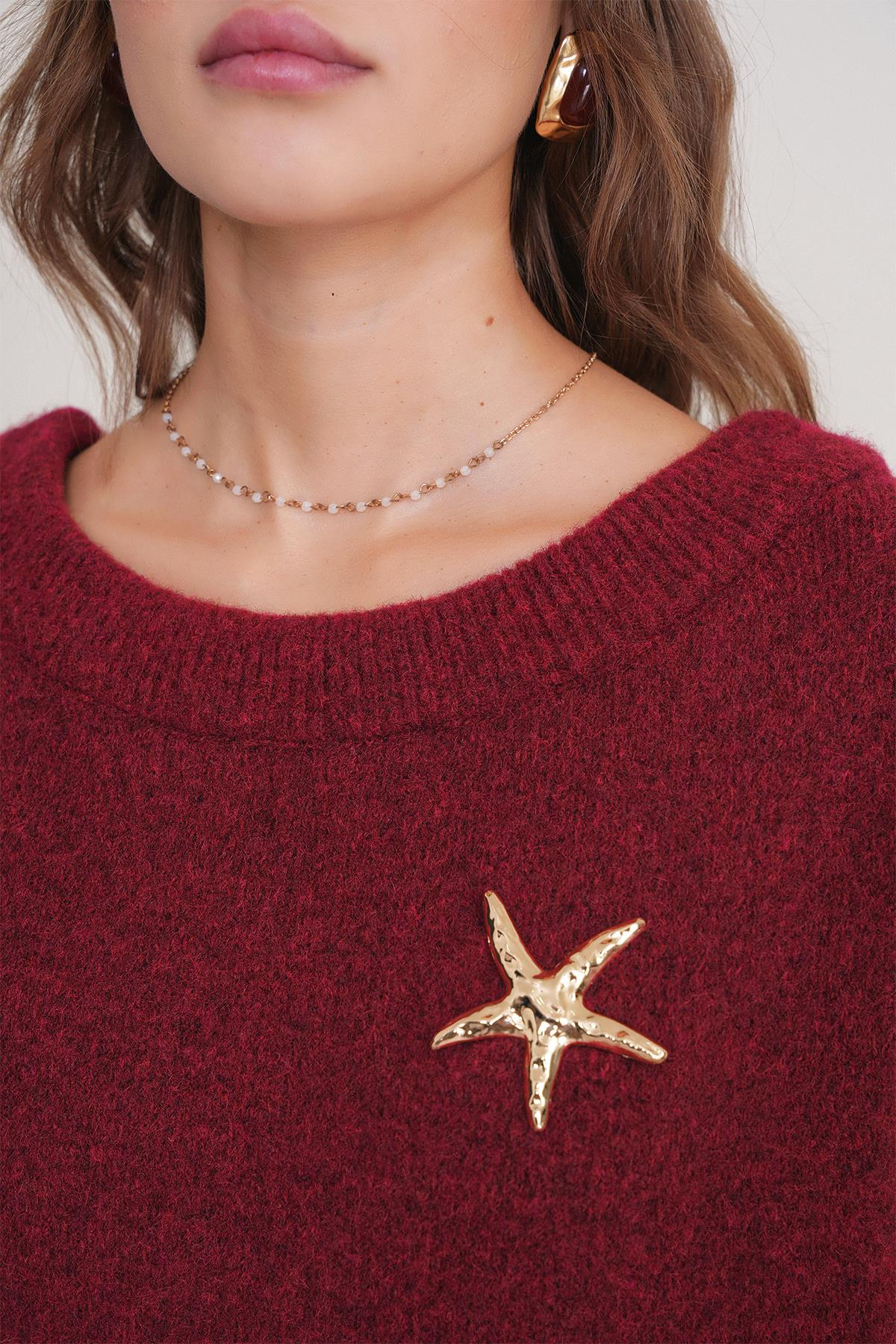 6963 Kadın Kayık Yaka Yün Karışımlı Premium Triko Kazak Bordo