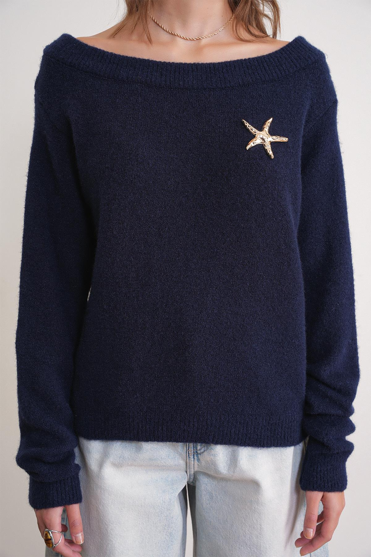 6963 Kadın Kayık Yaka Yün Karışımlı Premium Triko Kazak Lacivert