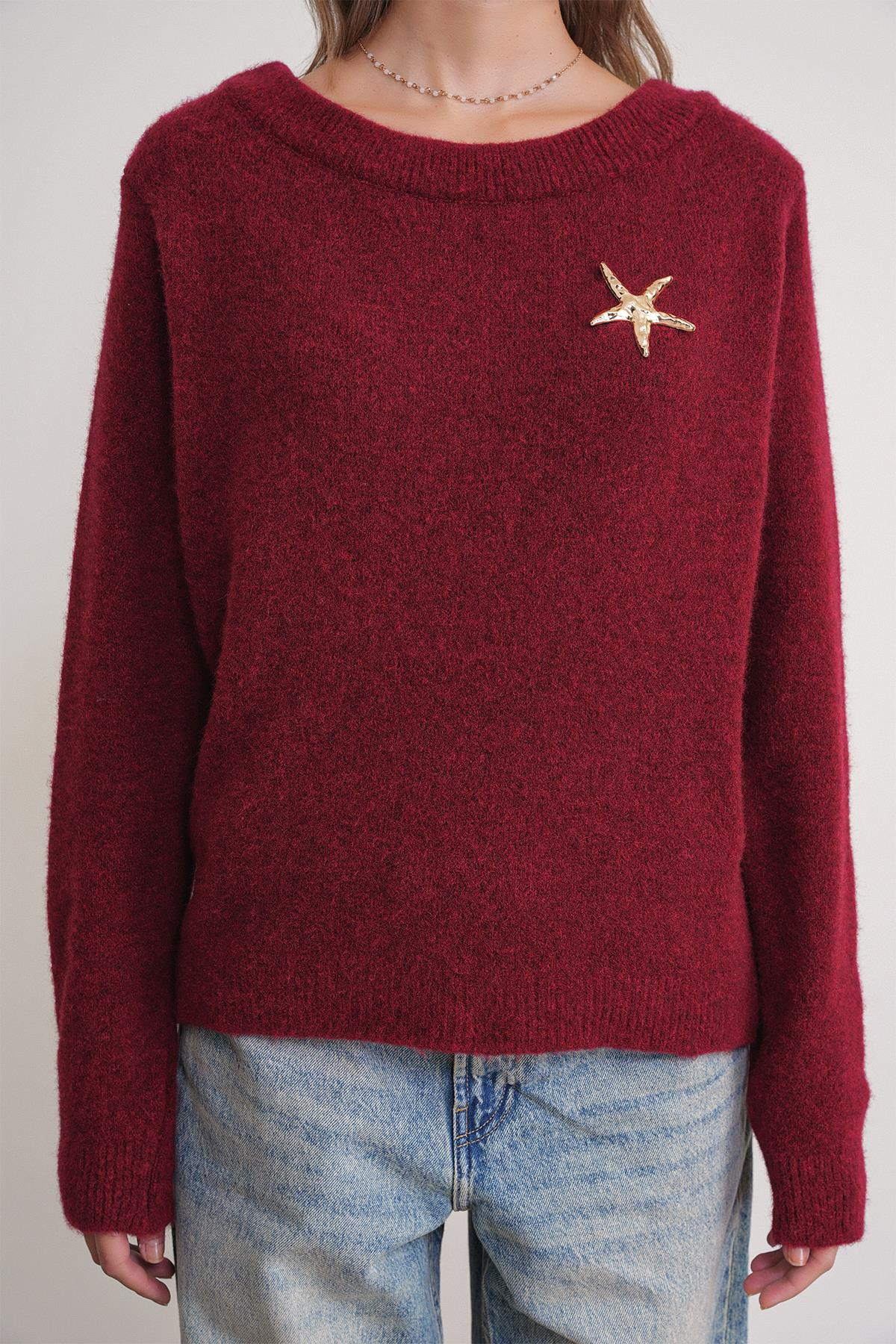 6963 Kadın Kayık Yaka Yün Karışımlı Premium Triko Kazak Bordo