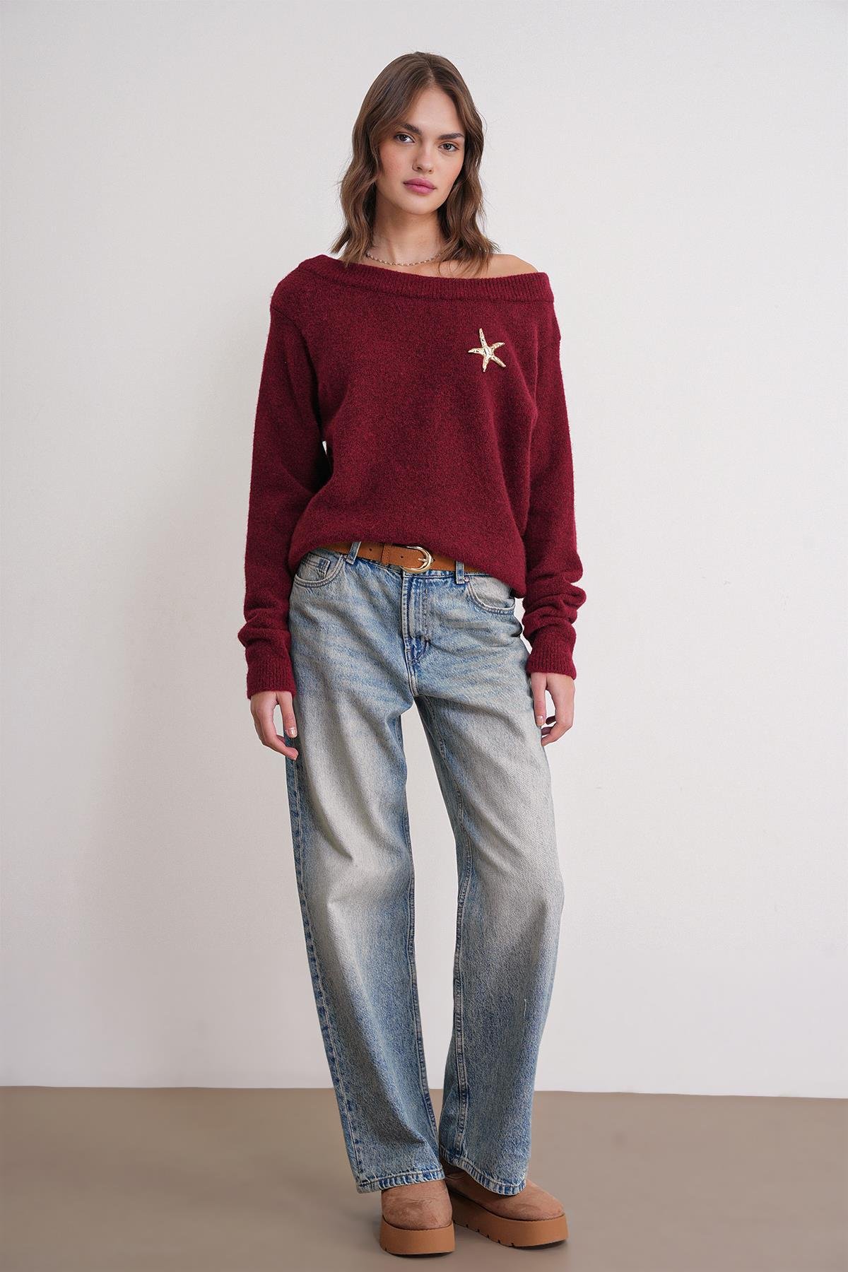 6963 Kadın Kayık Yaka Yün Karışımlı Premium Triko Kazak Bordo