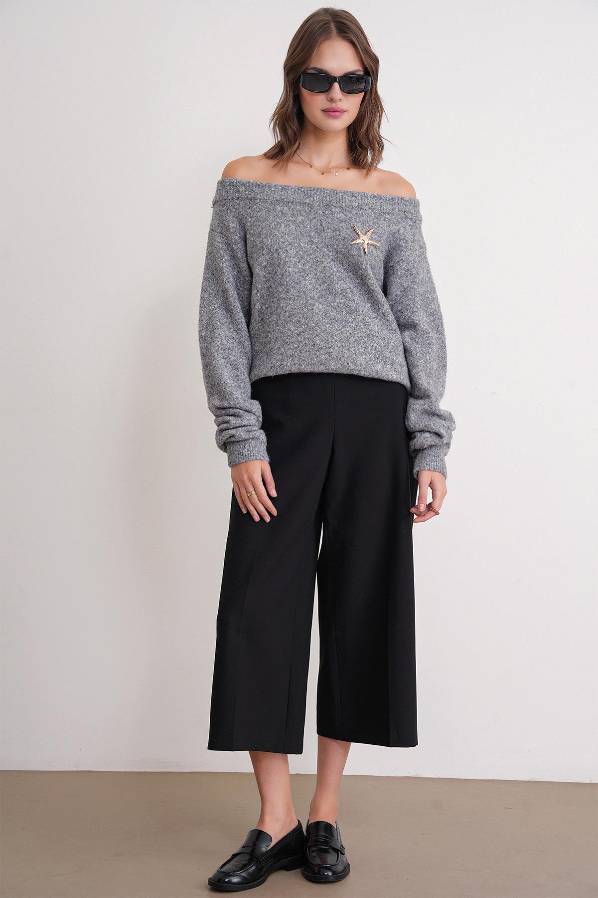 6963 Kadın Kayık Yaka Yün Karışımlı Premium Triko Kazak Gri