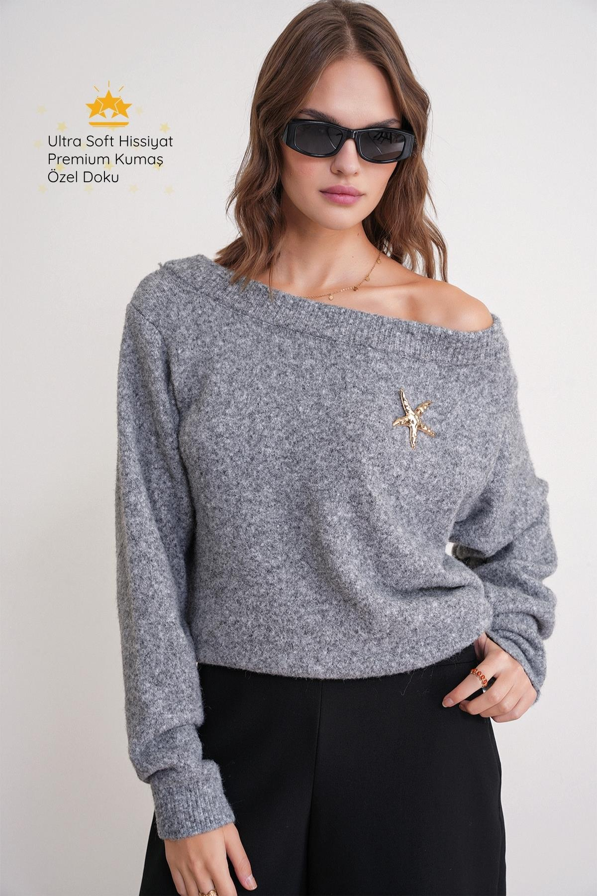 6963 Kadın Kayık Yaka Yün Karışımlı Premium Triko Kazak Gri