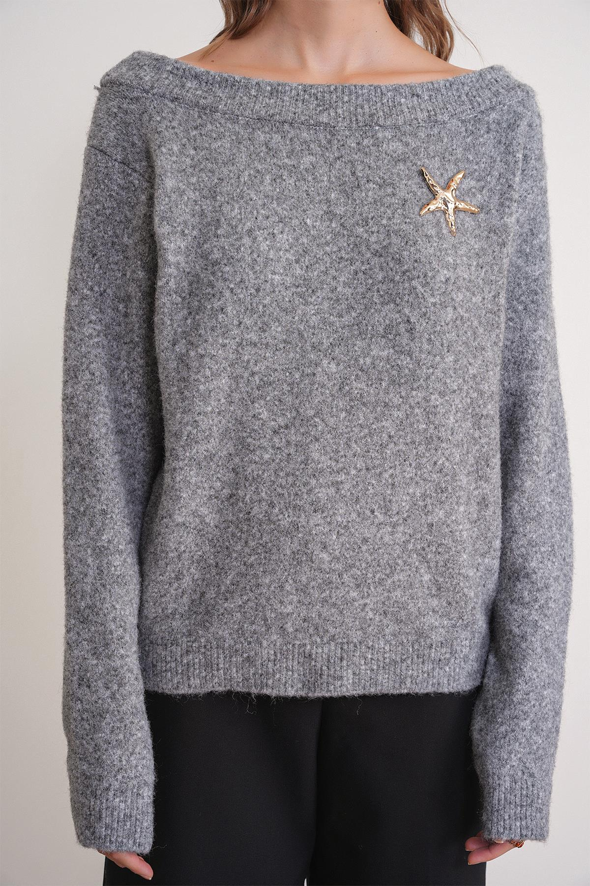 6963 Kadın Kayık Yaka Yün Karışımlı Premium Triko Kazak Gri