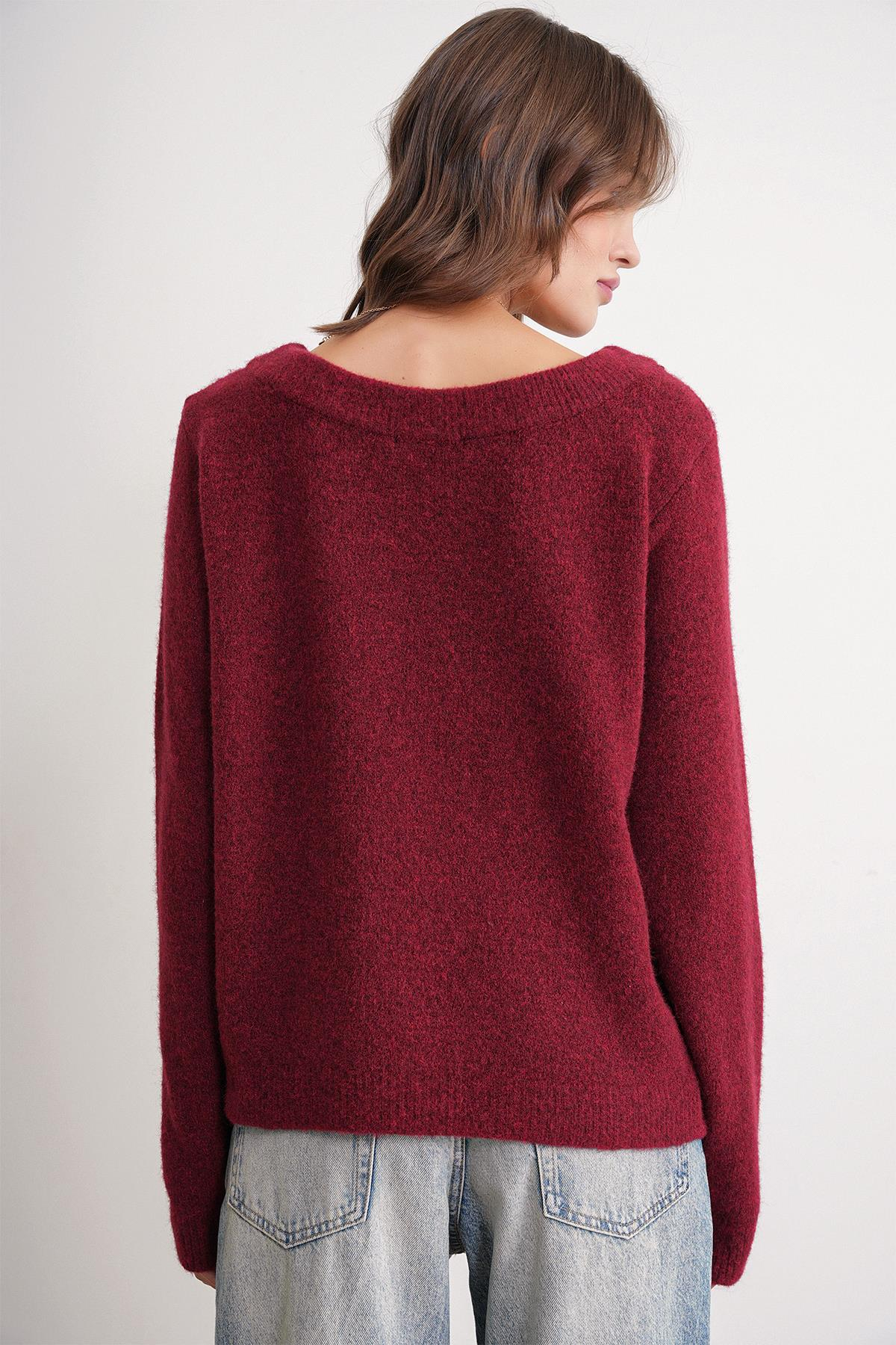 6963 Kadın Kayık Yaka Yün Karışımlı Premium Triko Kazak Bordo