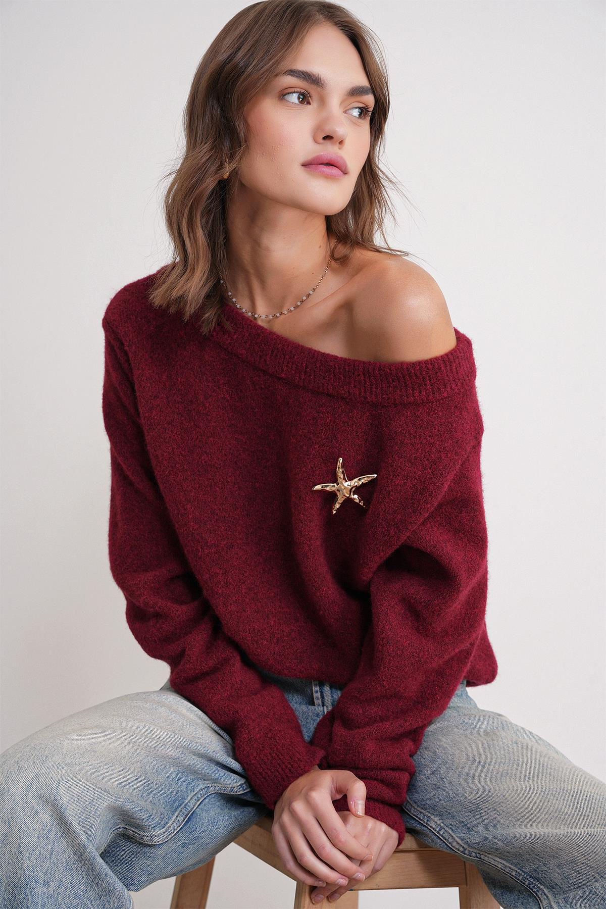 6963 Kadın Kayık Yaka Yün Karışımlı Premium Triko Kazak Bordo
