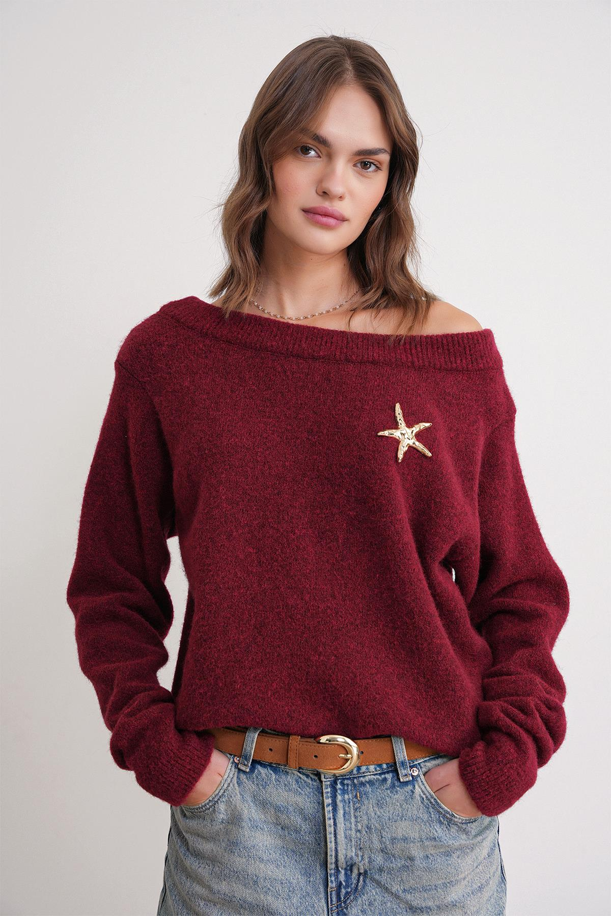 6963 Kadın Kayık Yaka Yün Karışımlı Premium Triko Kazak Bordo