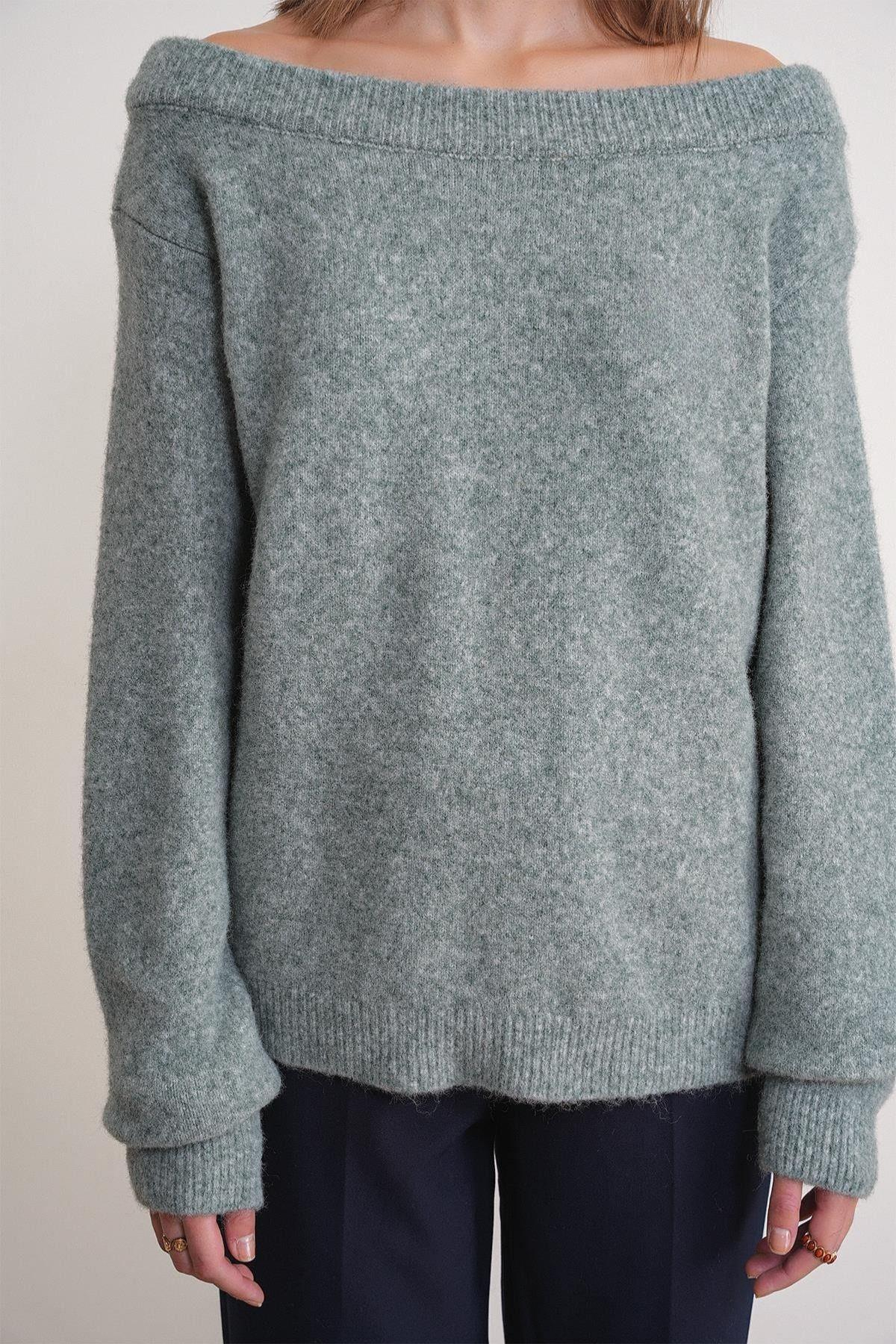 69633 Kadın Kayık Yaka Yün Karışımlı Premium Triko Kazak Çağla