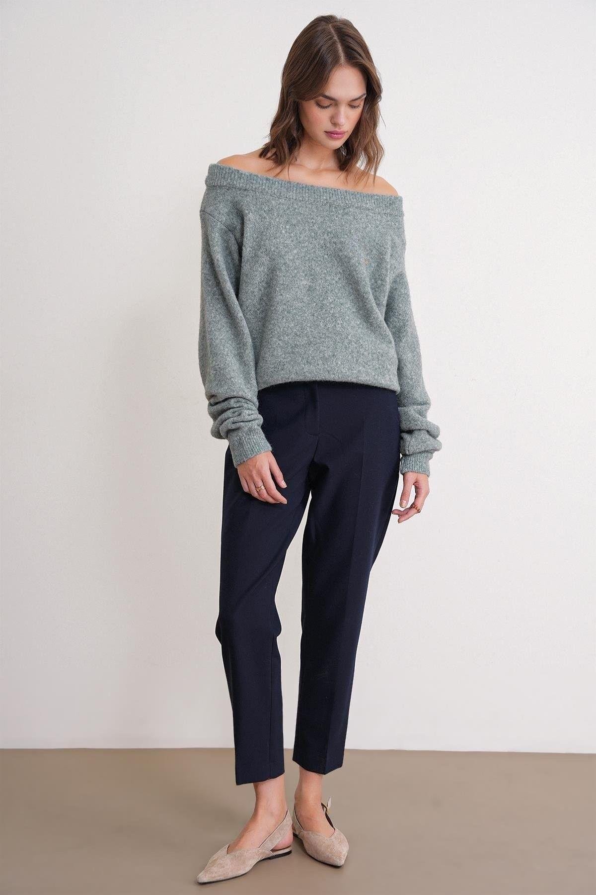 69633 Kadın Kayık Yaka Yün Karışımlı Premium Triko Kazak Çağla