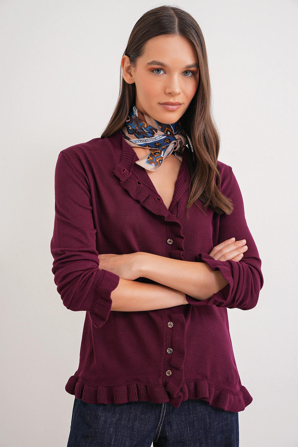 6964 Fırfırlı Düğmeli Hırka Bordo