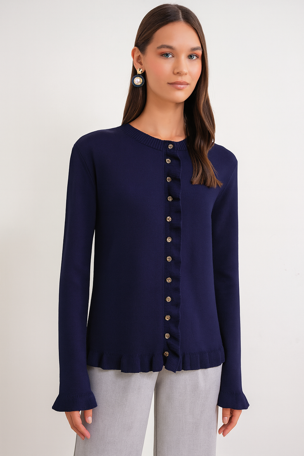 6964 Fırfırlı Düğmeli Hırka Lacivert