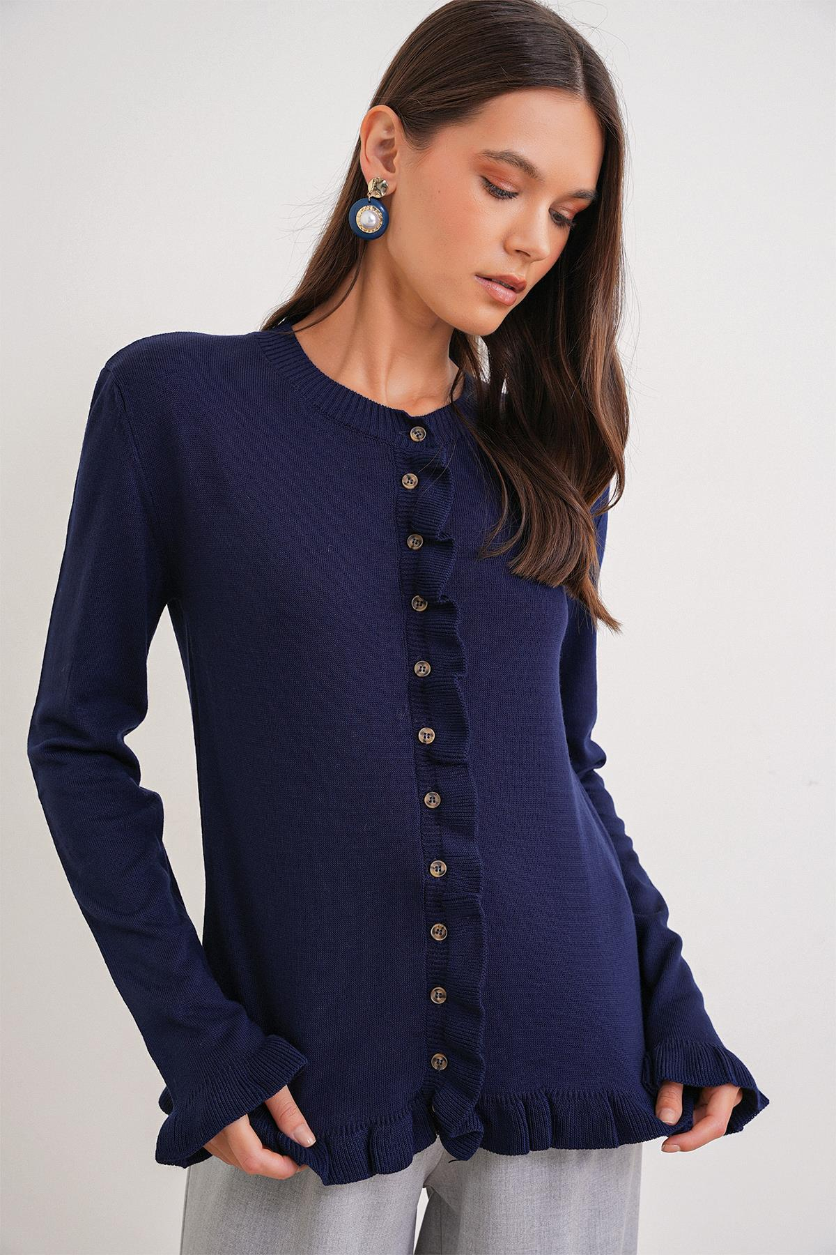 6964 Fırfırlı Düğmeli Hırka Lacivert