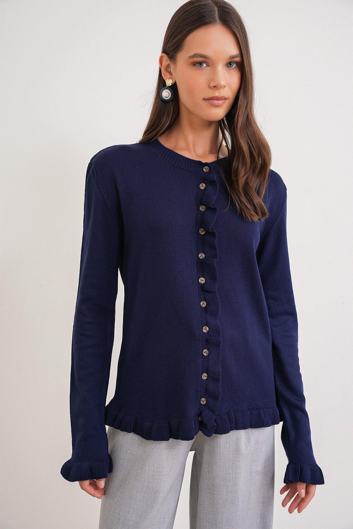 6964 Fırfırlı Düğmeli Hırka Lacivert