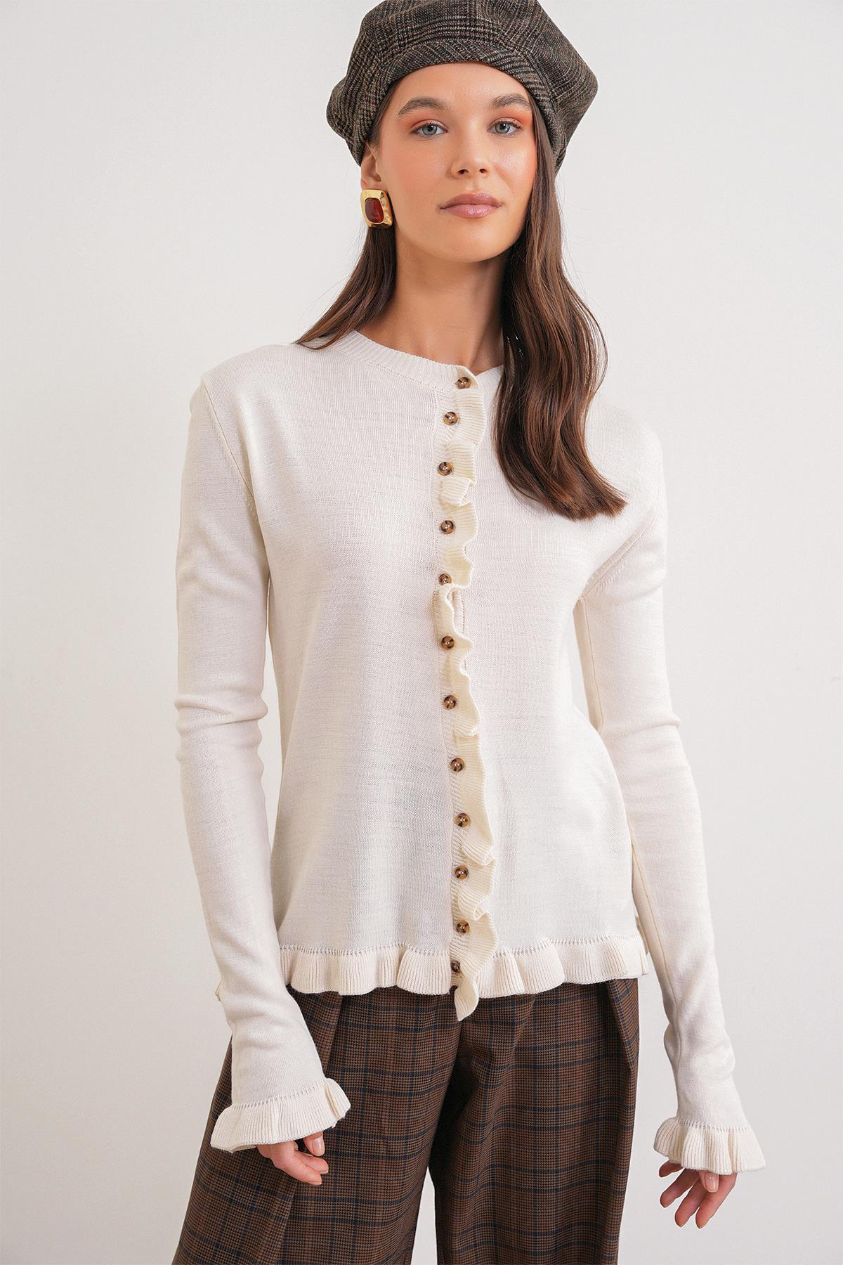 6964 Fırfırlı Düğmeli Hırka Naturel