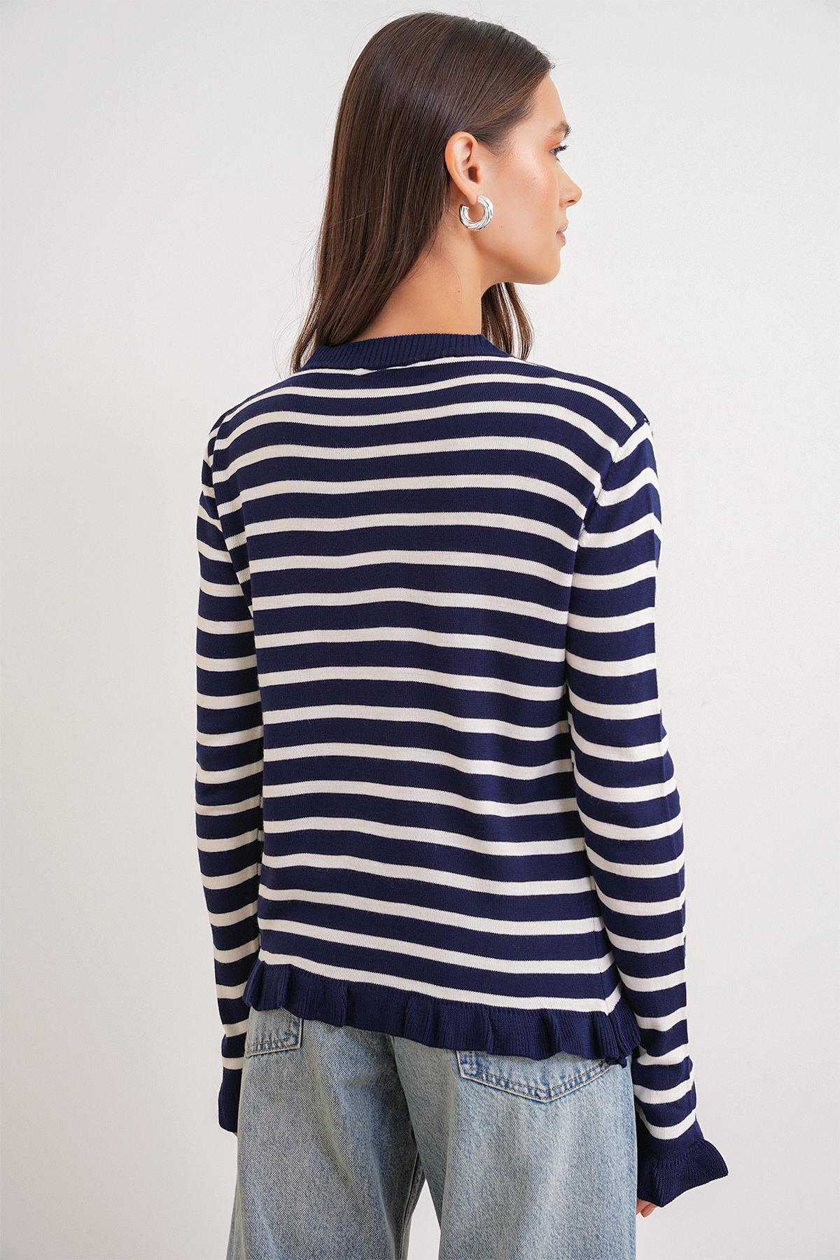 6965 Fırfırlı Çizgili Hırka Lacivert