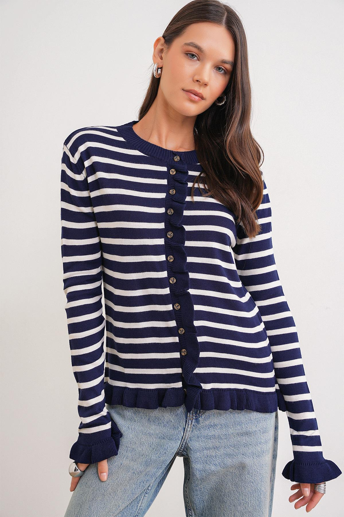 6965 Fırfırlı Çizgili Hırka Lacivert