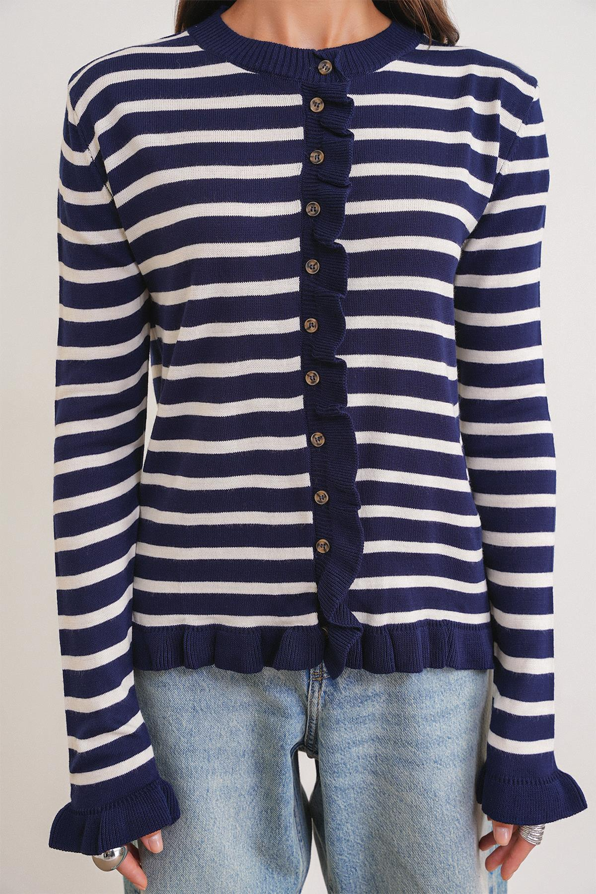 6965 Fırfırlı Çizgili Hırka Lacivert