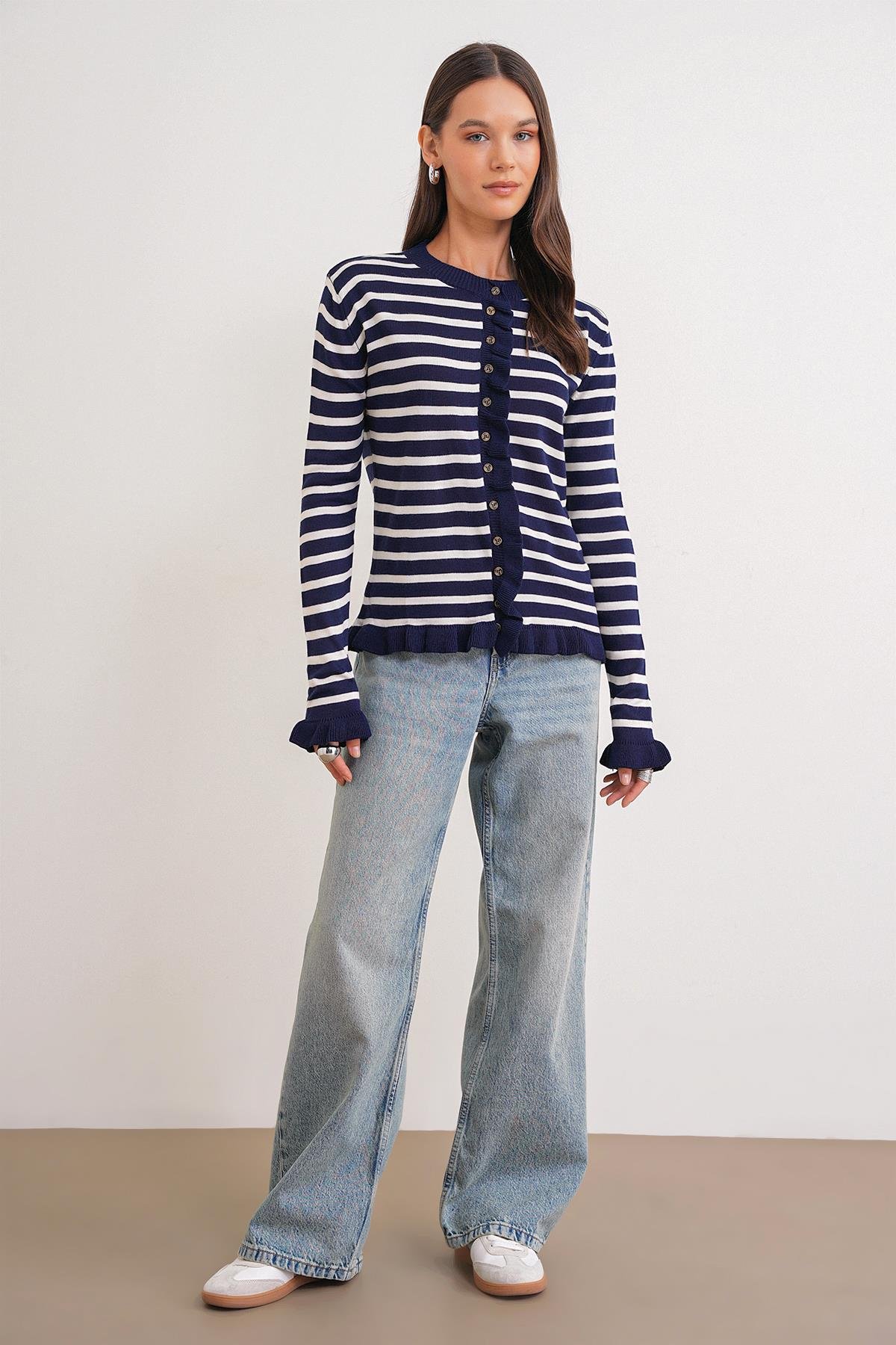 6965 Fırfırlı Çizgili Hırka Lacivert