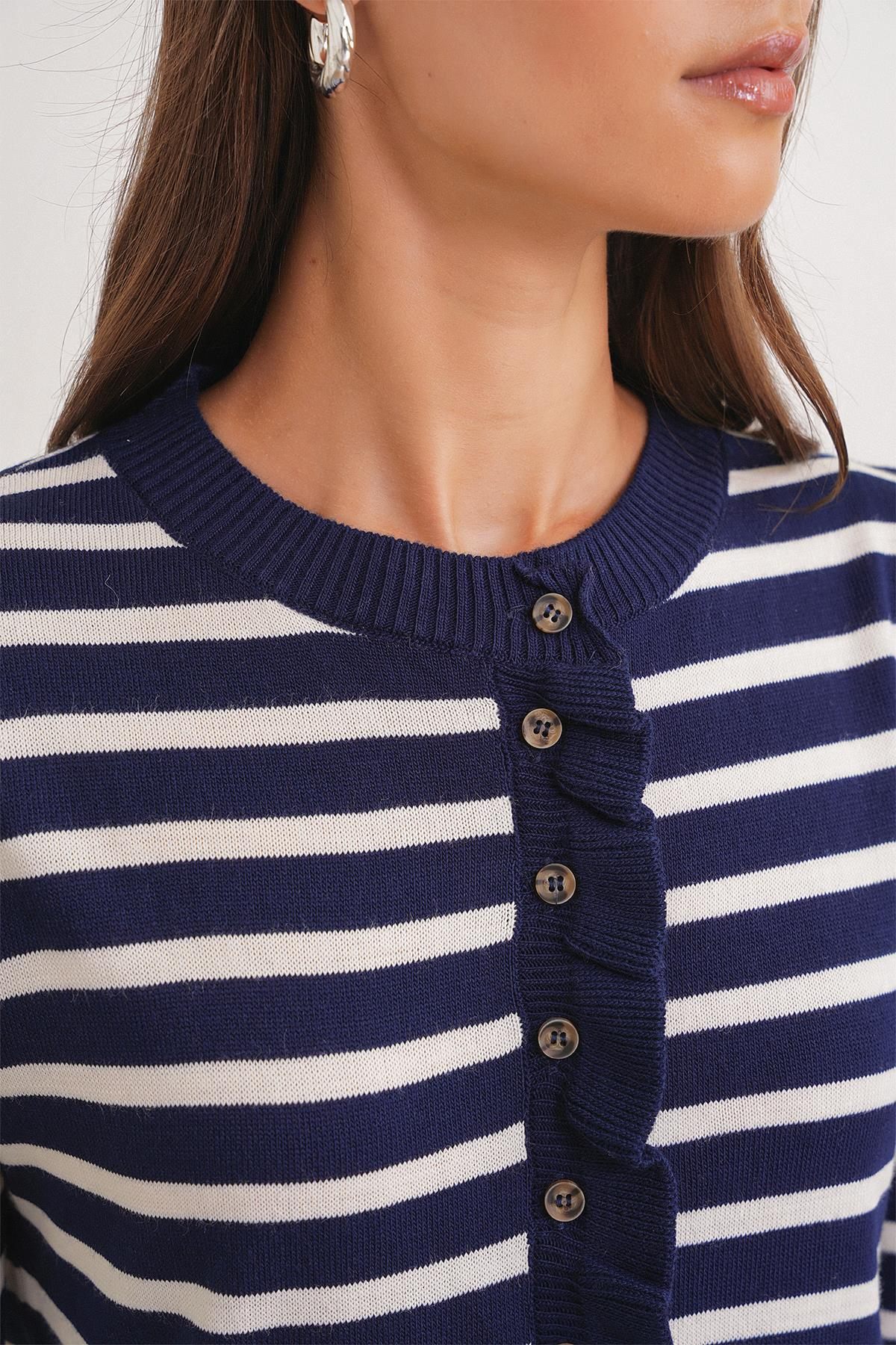 6965 Fırfırlı Çizgili Hırka Lacivert