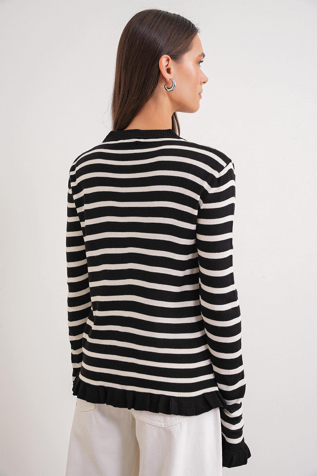 6965 Fırfırlı Çizgili Hırka Siyah