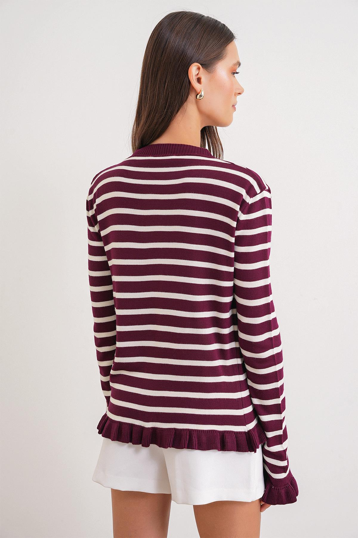 6965 Kadın Fırfır Detaylı Çizgili Triko Hırka Bordo