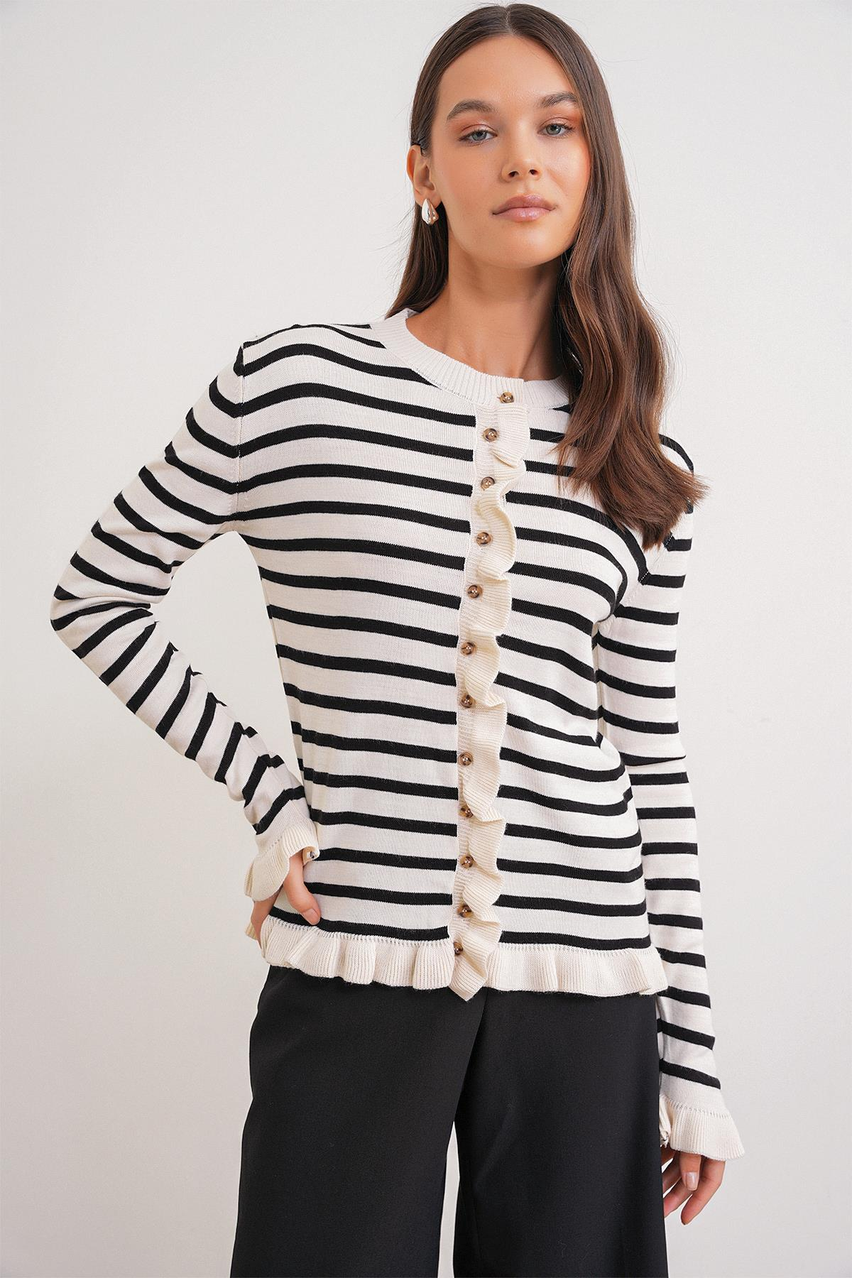 6965 Kadın Fırfır Detaylı Çizgili Triko Hırka Naturel