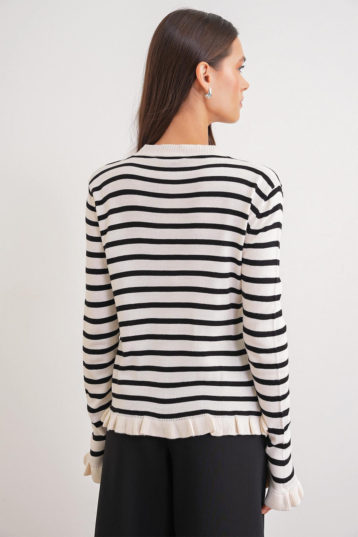 6965 Kadın Fırfır Detaylı Çizgili Triko Hırka Naturel