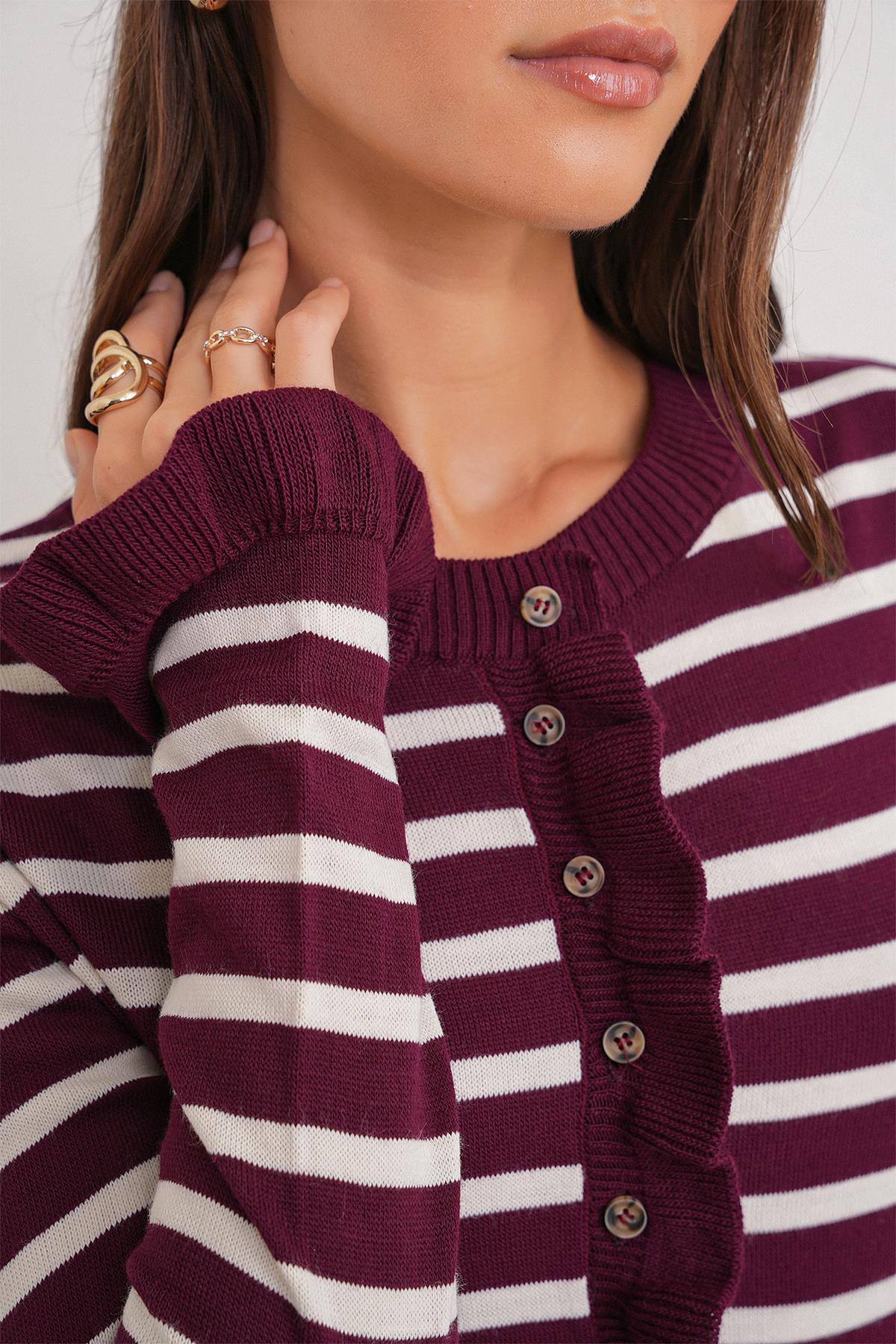 6965 Kadın Fırfır Detaylı Çizgili Triko Hırka Bordo