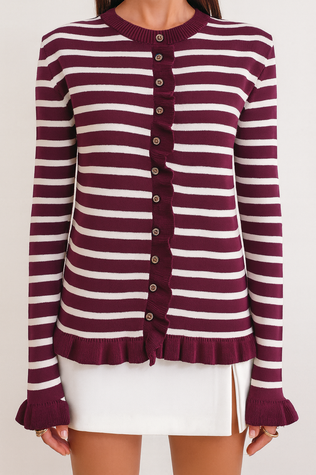 6965 Kadın Fırfır Detaylı Çizgili Triko Hırka Bordo