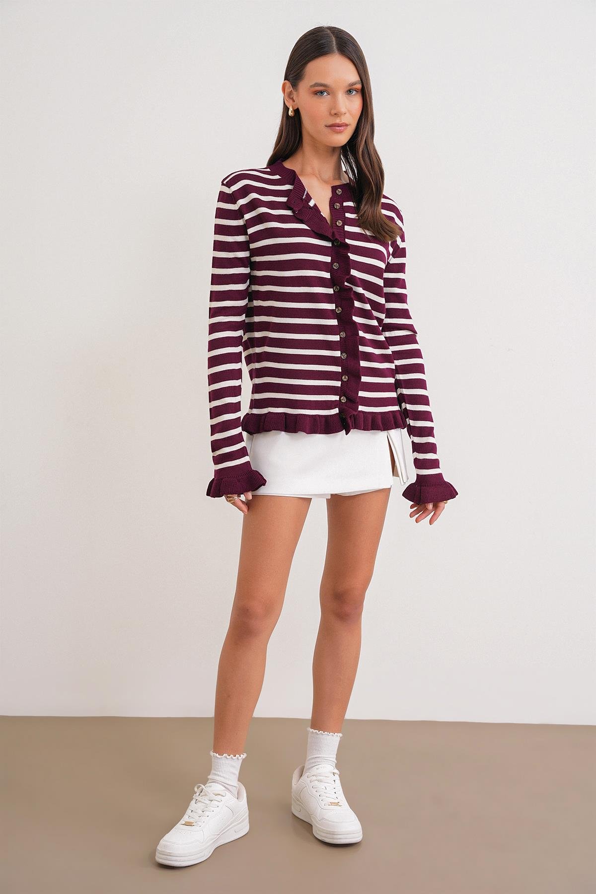 6965 Kadın Fırfır Detaylı Çizgili Triko Hırka Bordo