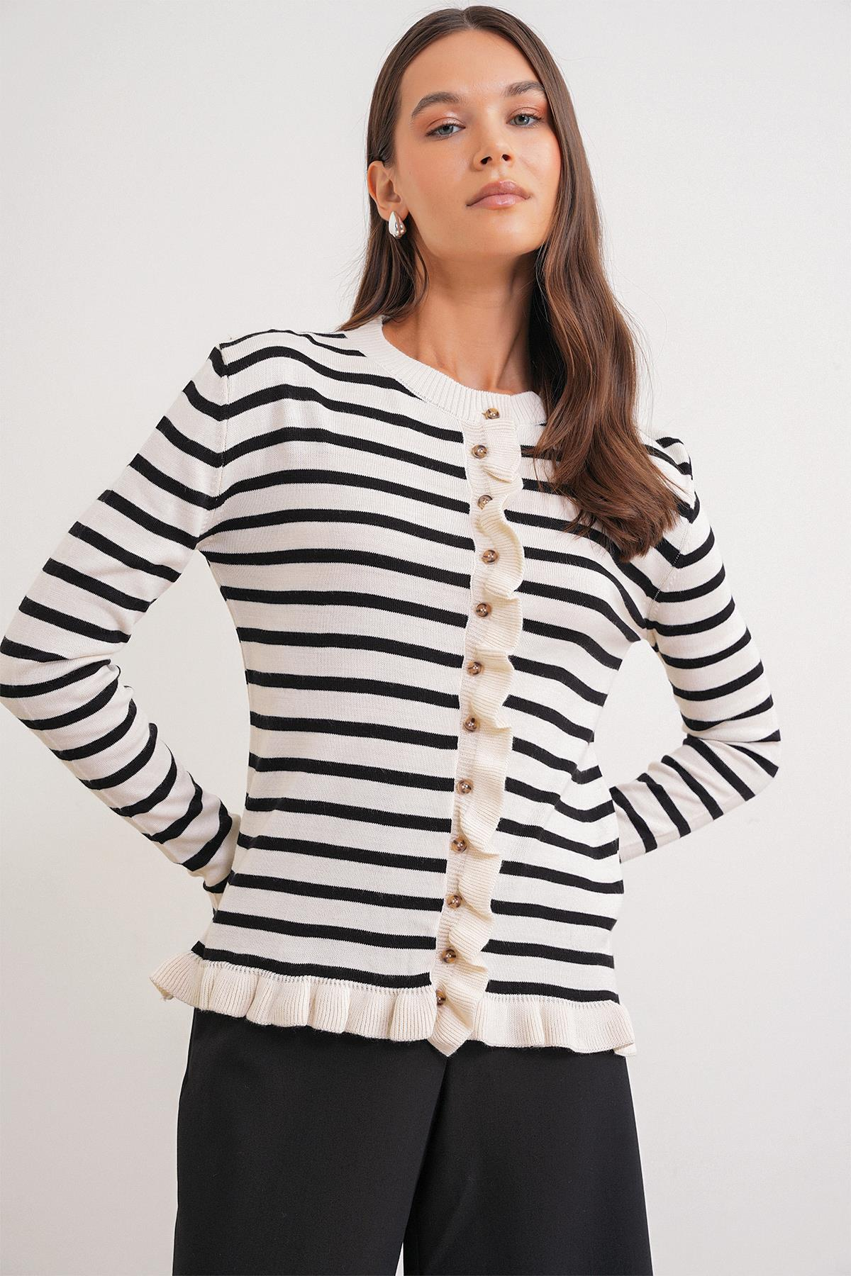 6965 Kadın Fırfır Detaylı Çizgili Triko Hırka Naturel