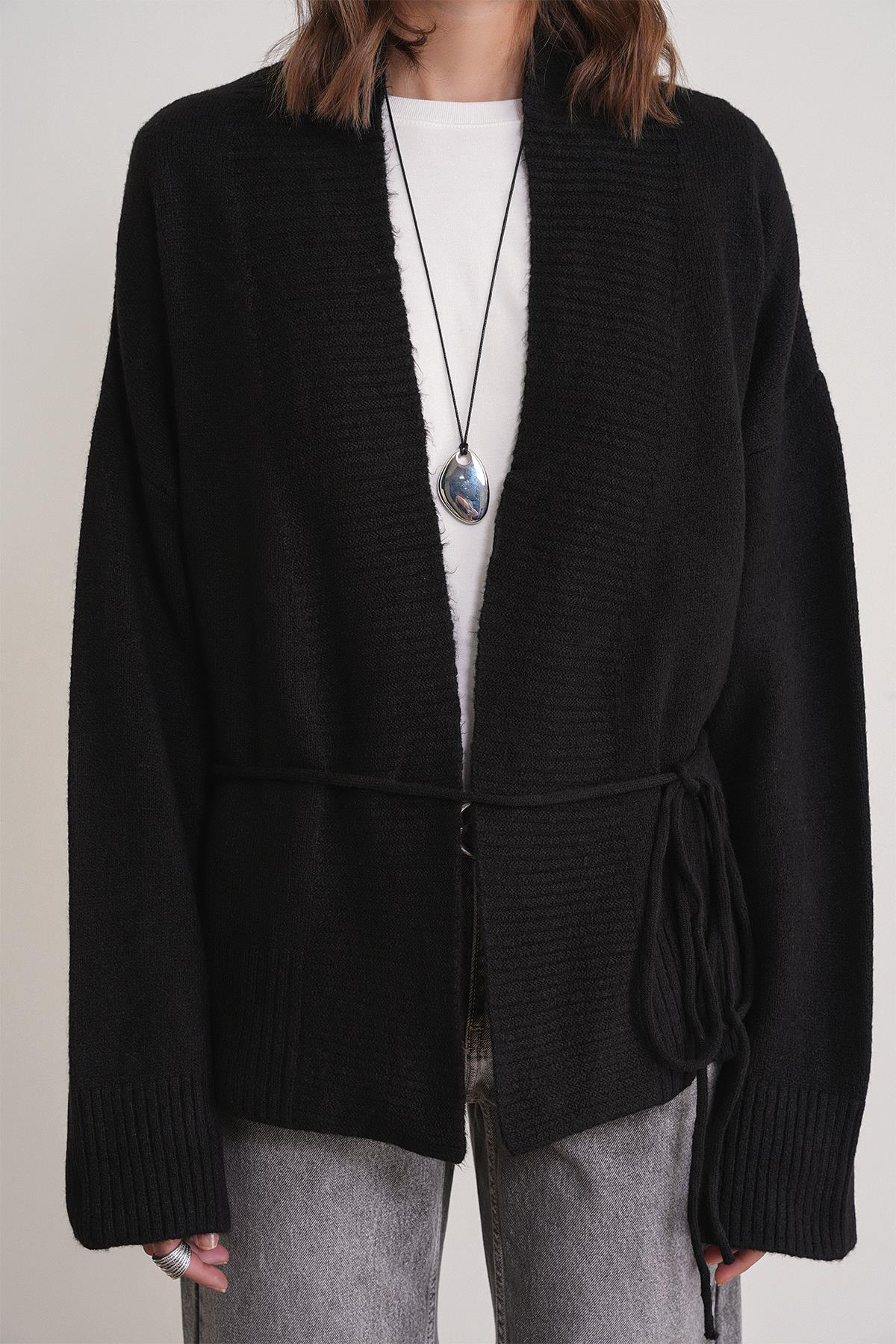 6966 Kadın V Yaka İp Bağlamalı Triko Hırka Siyah