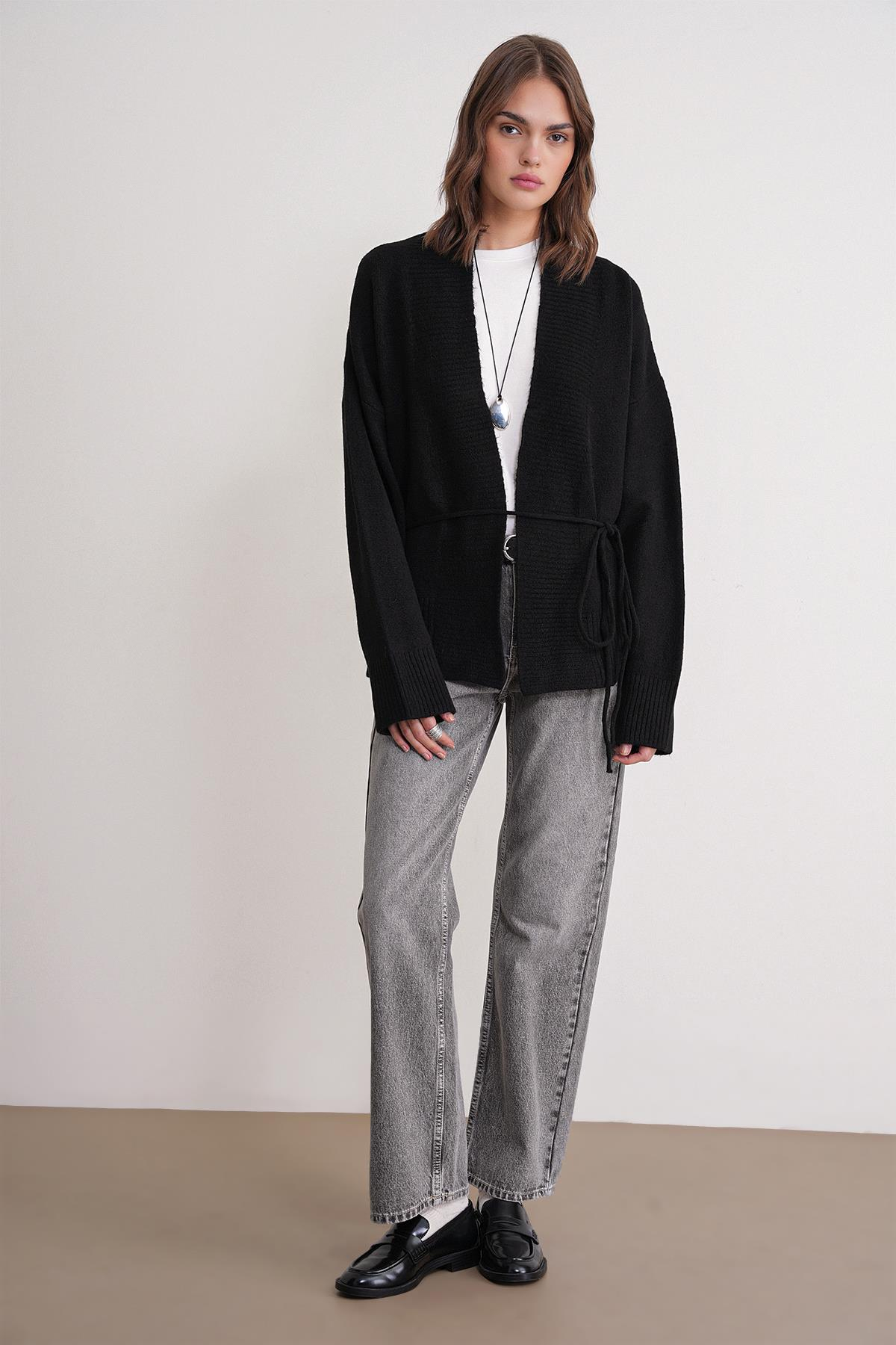 6966 Kadın V Yaka İp Bağlamalı Triko Hırka Siyah