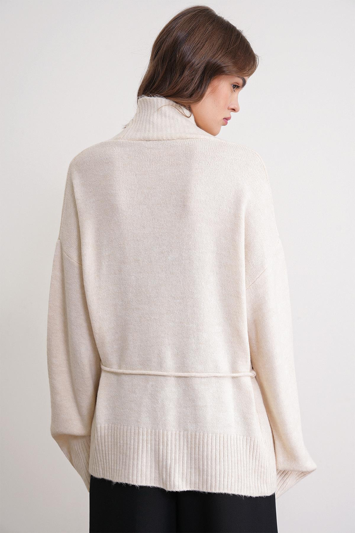 6966 Kadın V Yaka İp Bağlamalı Triko Hırka Naturel