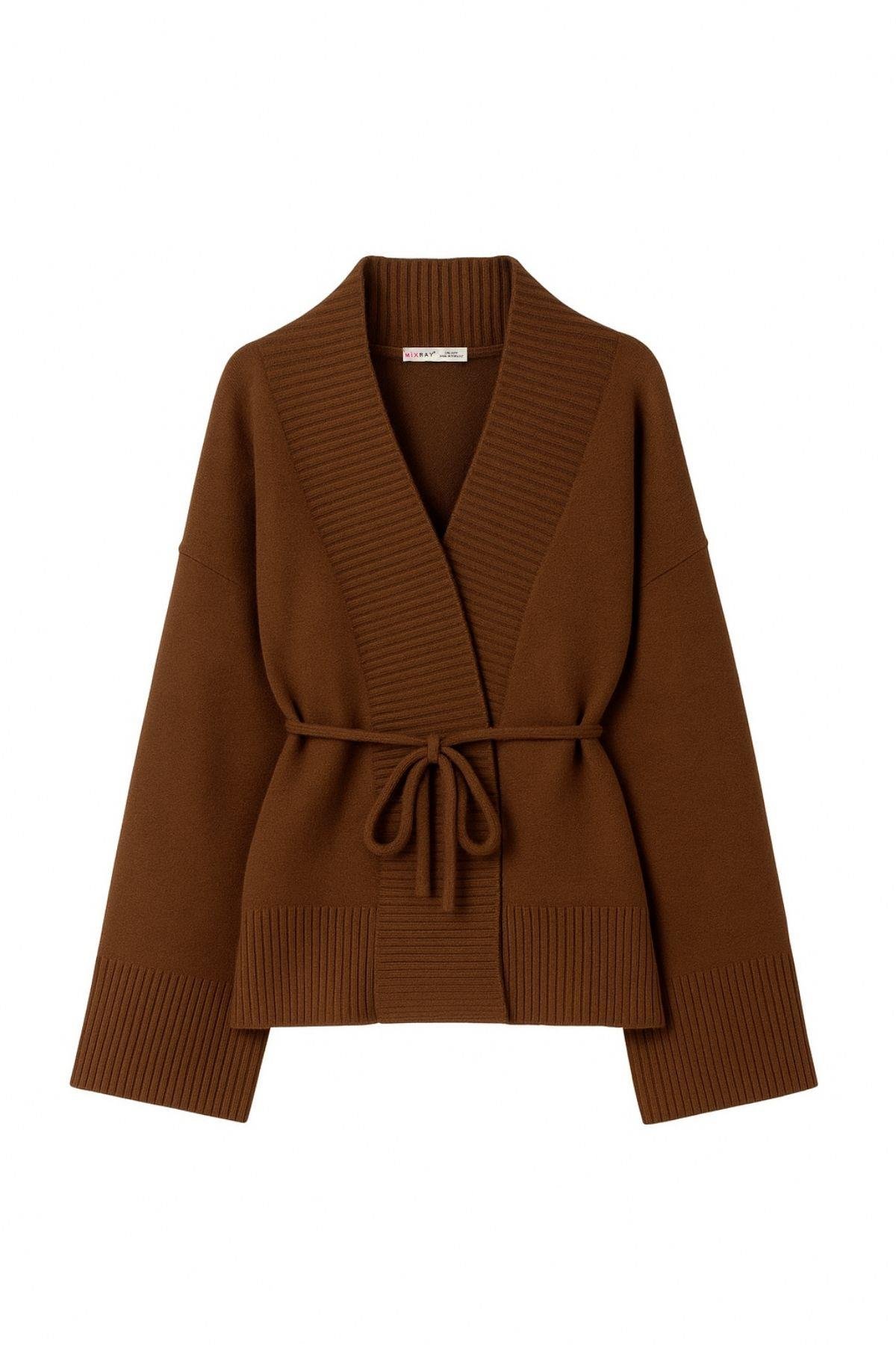 6966 Kadın V Yaka İp Bağlamalı Triko Hırka Kahve