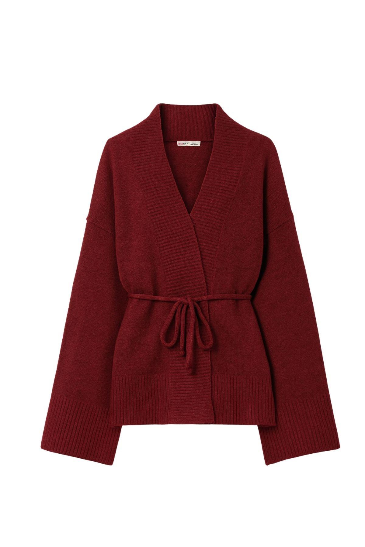 6966 Kadın V Yaka İp Bağlamalı Triko Hırka Bordo