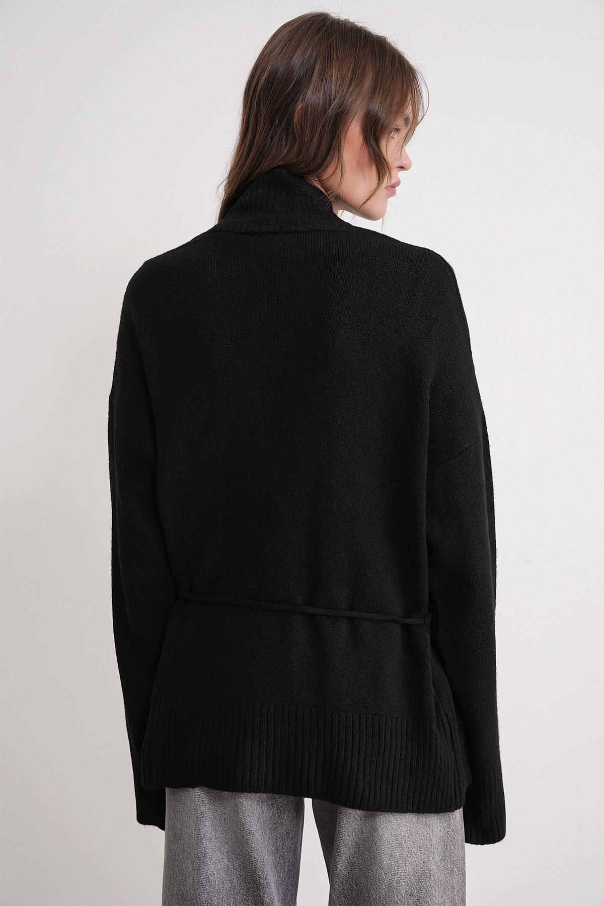 6966 Kadın V Yaka İp Bağlamalı Triko Hırka Siyah