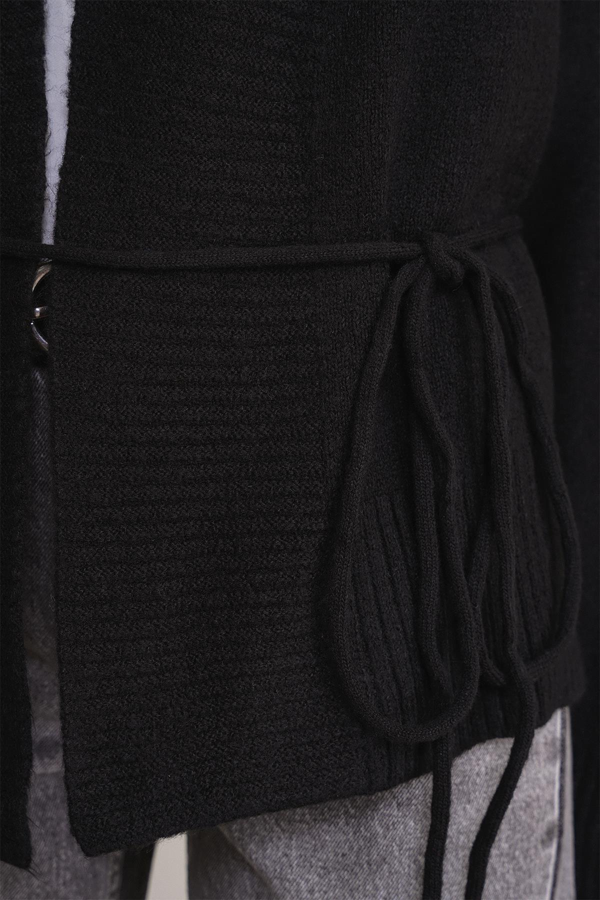 6966 Kadın V Yaka İp Bağlamalı Triko Hırka Siyah