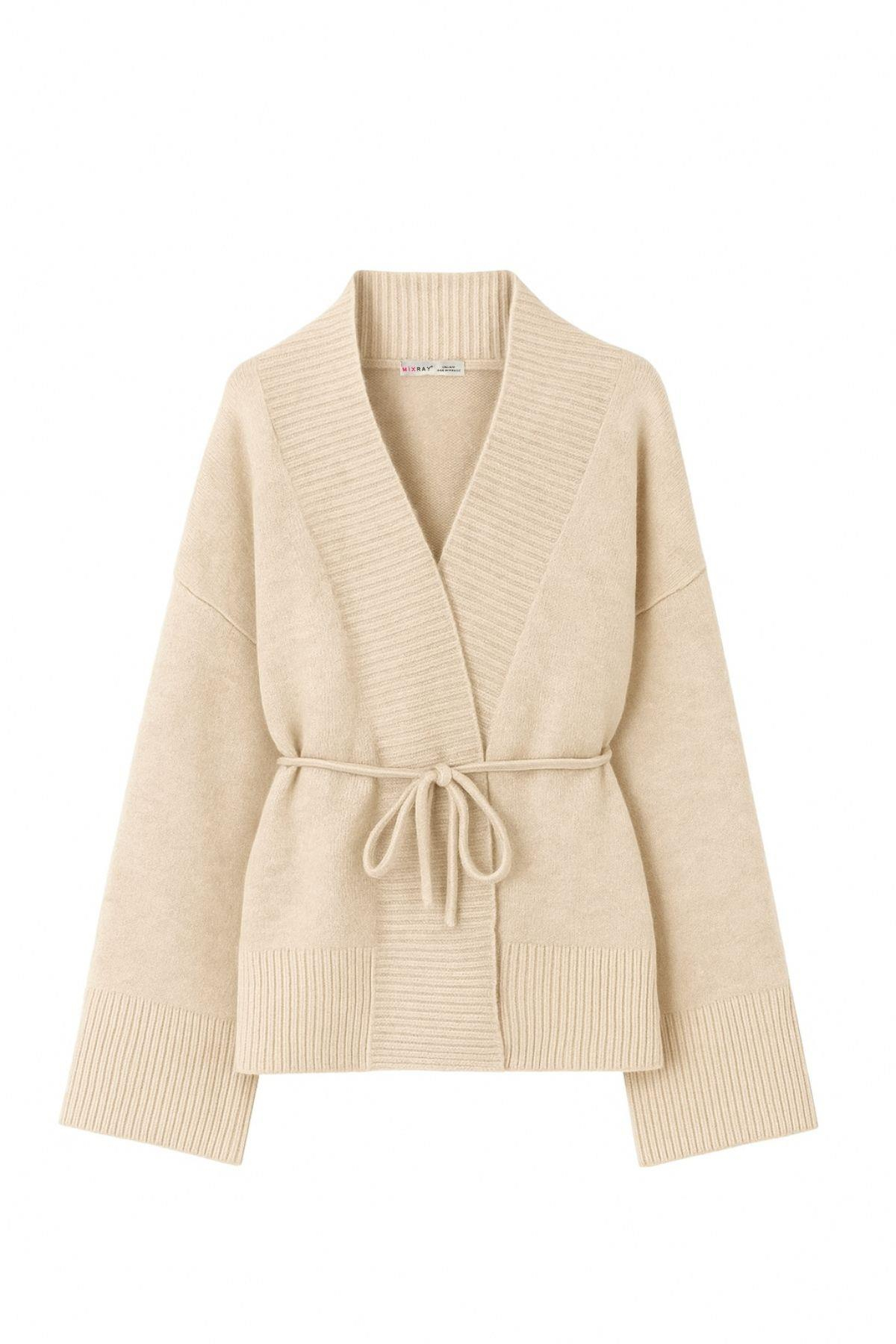 6966 Kadın V Yaka İp Bağlamalı Triko Hırka Bej