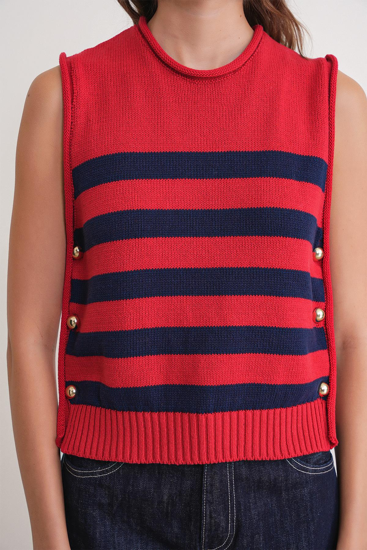 6969 Kadın Yan Düğmeli Triko Top Kırmızı Lacivert