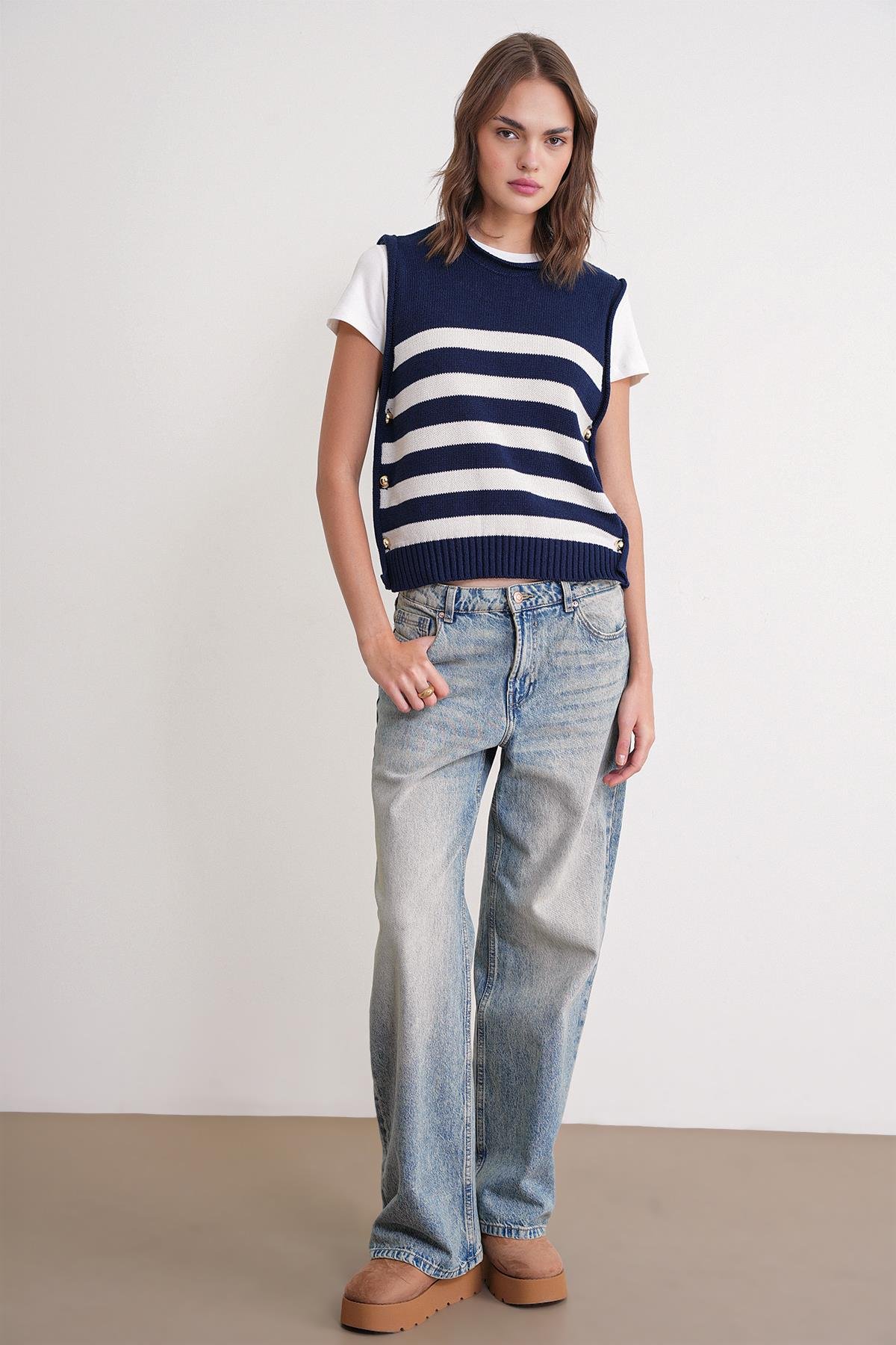 6969 Kadın Yan Düğmeli Triko Top Lacivert Naturel