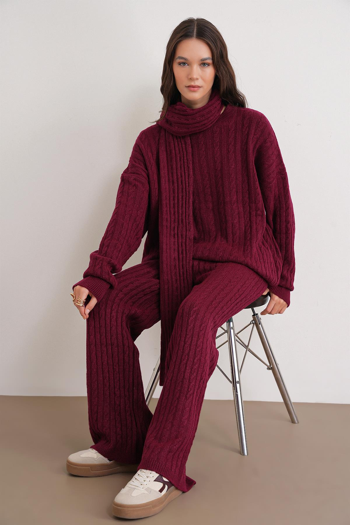 6970 Kadın Saç Örgülü Takım Bordo
