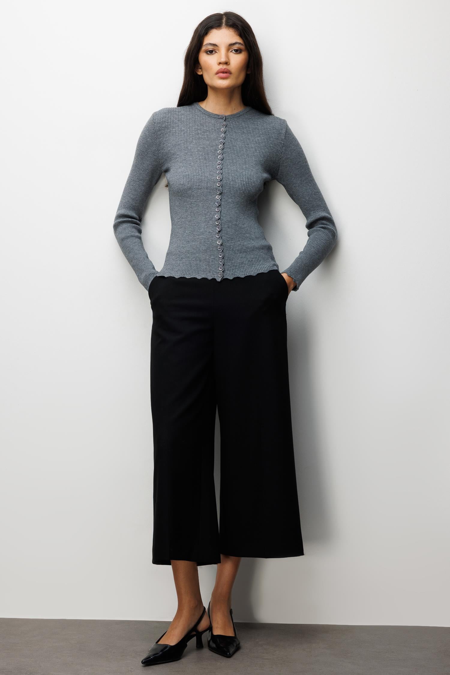 6972 Kadın Fitilli Basic Triko Hırka Gri