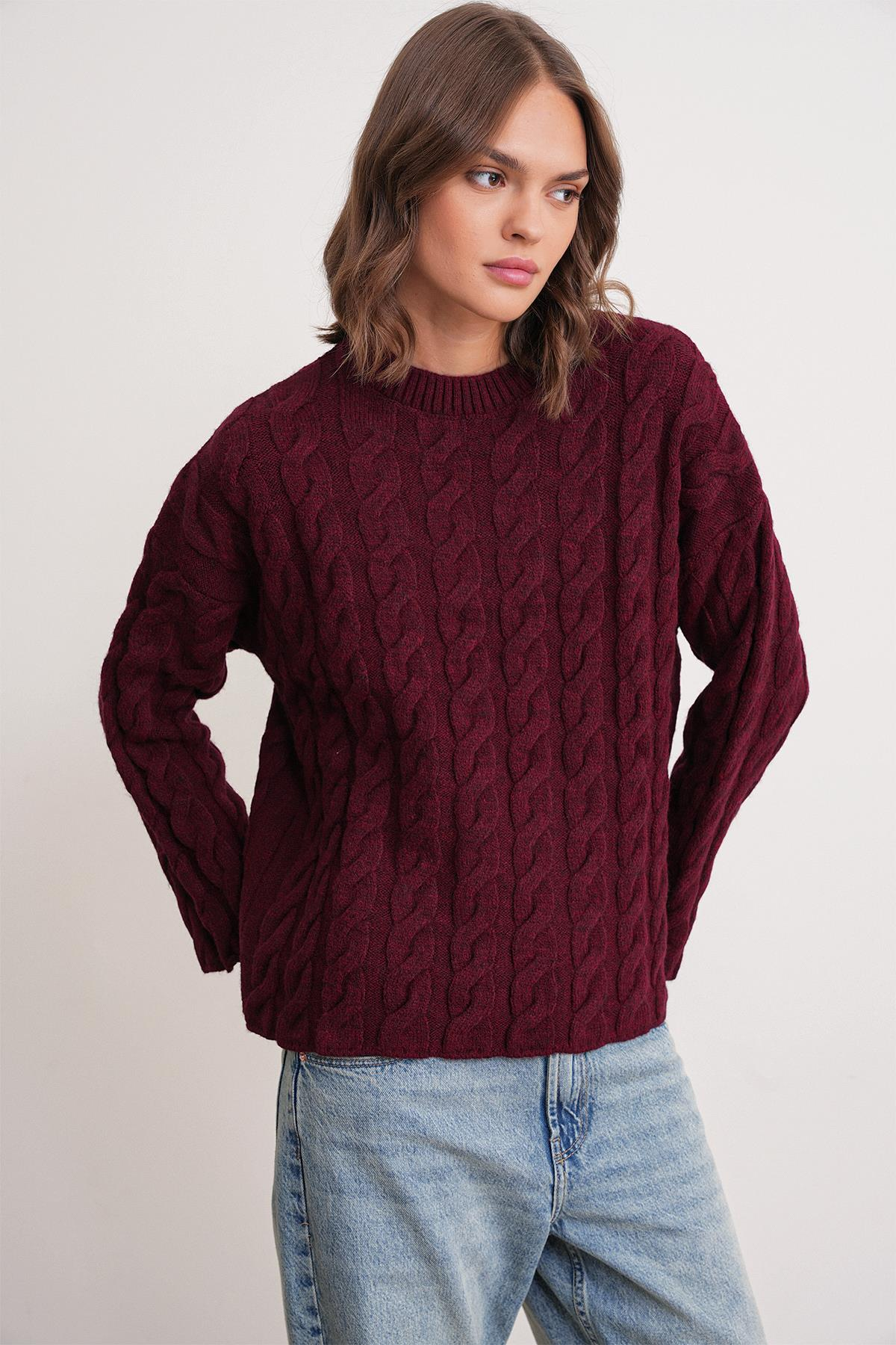 6973 Kadın Saç Örgülü Regular Basic Triko Kazak Bordo