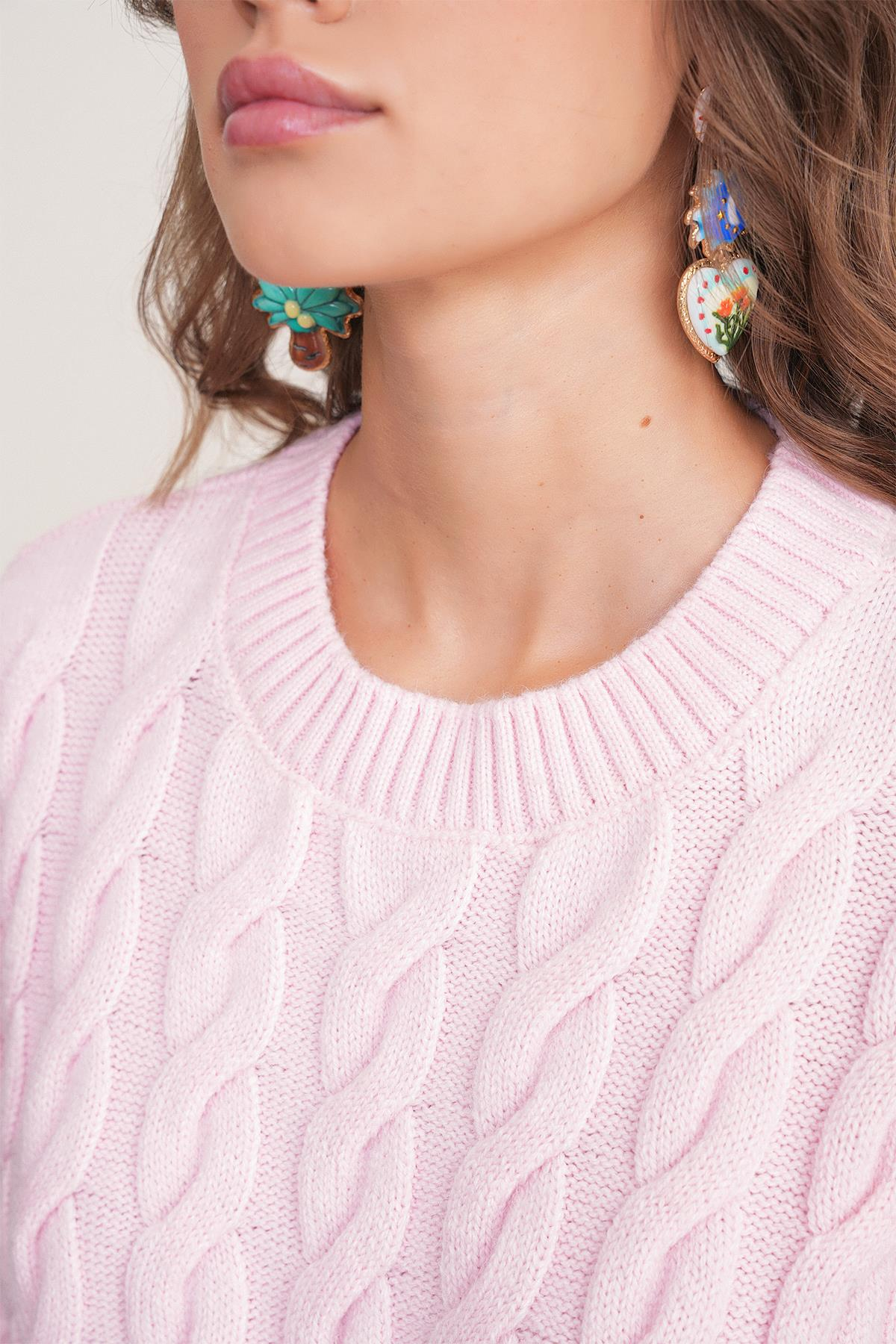 6973 Kadın Saç Örgülü Regular Basic Triko Kazak Pembe